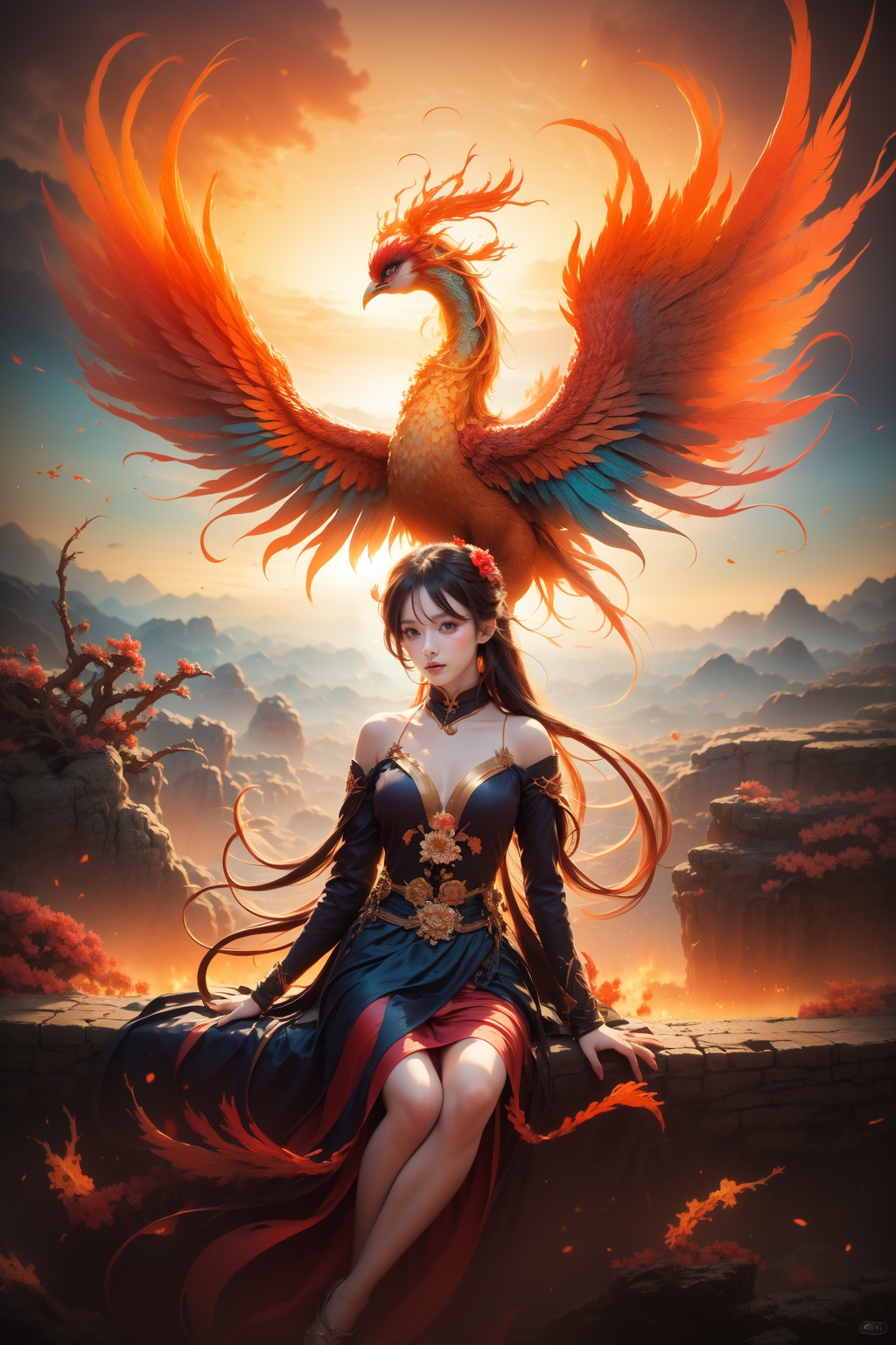 1 girl behind the phoenix, Woman focus, fire, dress, bird, breasts, Long hair, Hanfu, sitting, cowboy shot, Fisheye lens,Colorful_phoenix, Colorful2, bird, outdoors, flower, branch, beak<lora:kim_phoenix6:1>