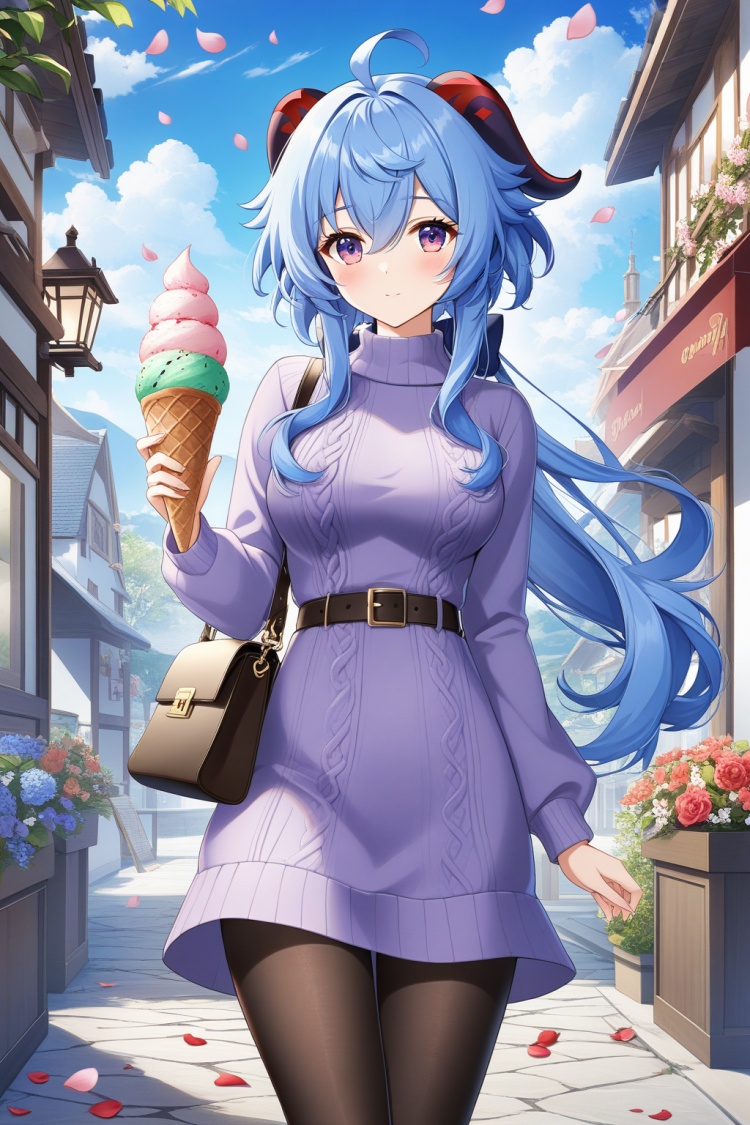 1girl, solo, long hair, breasts, looking at viewer, blush, bangs, long sleeves, dress, holding, hair between eyes, closed mouth, blue hair, purple eyes, flower, ahoge, pantyhose, sidelocks, outdoors, food, horns, sky, alternate costume, day, belt, cloud, bag, sweater, black pantyhose, petals, holding food, casual, handbag, ice cream, sweater dress, goat horns, falling petals, ice cream cone, purple sweater, ganyu \(genshin impact\)