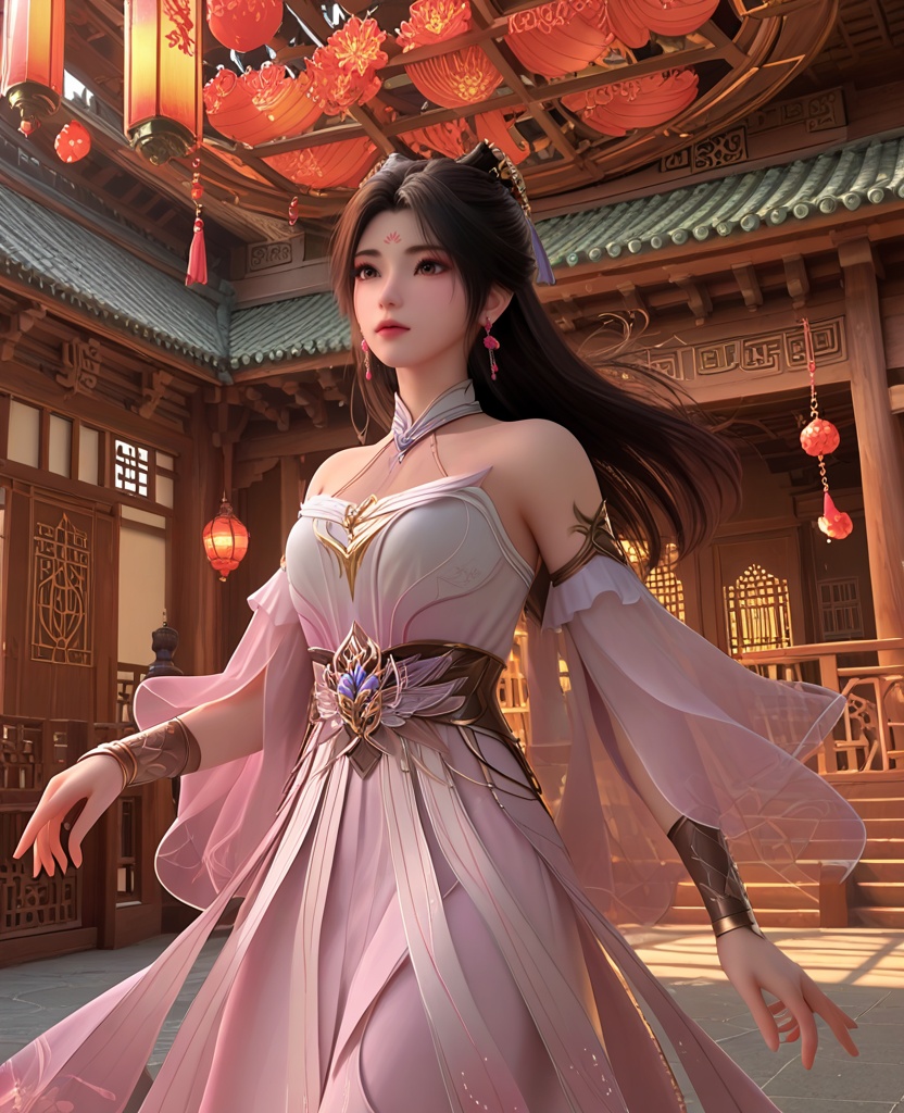 (oriental architecture, elegant decor, sophisticated style:1.1),(floating:1.1),(breasts:1.2),<lora:XL神墓梦可儿:0.95>,miss mengkeer,pink white dress,brown eyes,black hair,long hair,hair ornament,sash,bracer,detached sleeves,earrings,jewelry,, score_9,score_8_up,score_7_up,score_6_up,score_5_up,score_4_up,3d rendering,tag1,tag2, Cinematic Lighting,backlighting,