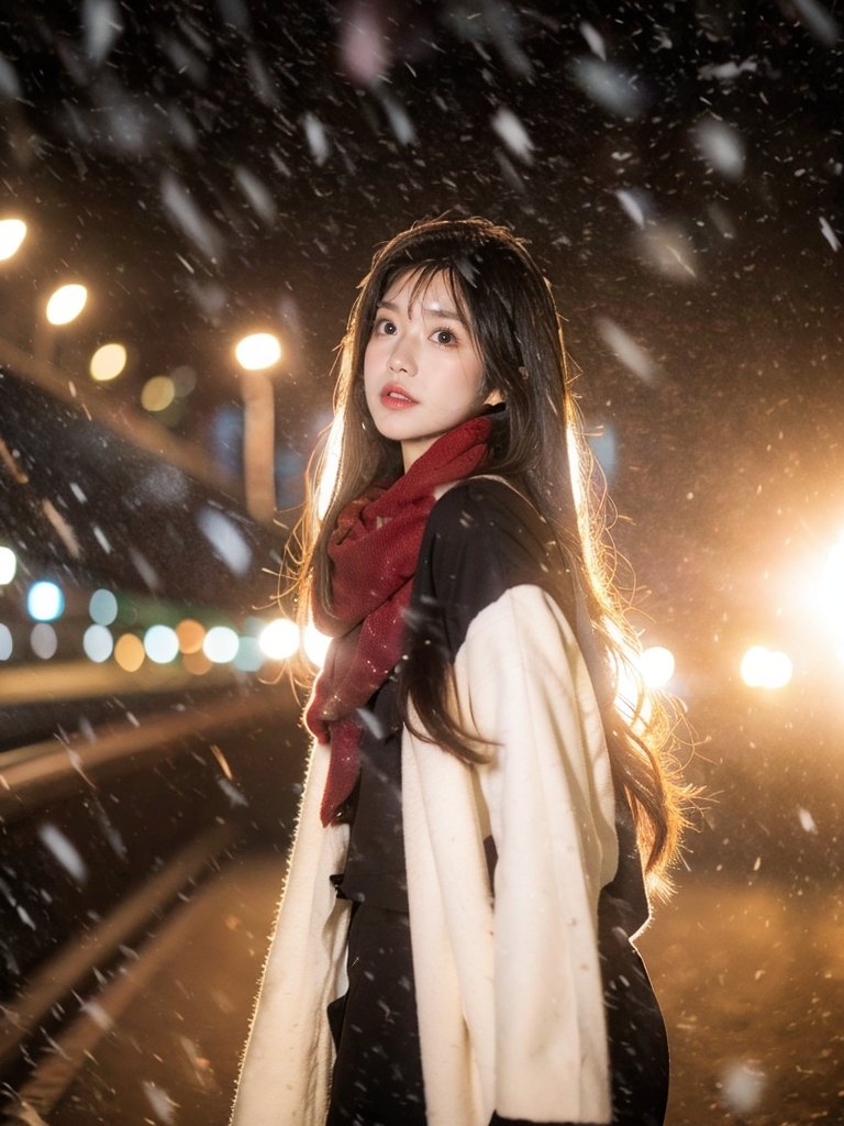 1girl,guiguai,umbrella,scarf,umbrella,brown hair,solo,brown eyes,red scarf,coat,long hair,transparent,realistic,lips(8k, RAW photo, best quality, masterpiece:1.3),(realistic,photo-realistic:1.37),(looking at viewer:1.331),posing,soft light,extremely beautiful face,brown eyes,snowflakes,(snowing:1.4),snow cover,8k wallpaper,highres,ray tracing,(8k, RAW photo, best quality, masterpiece, ultra highres, ultra detailed:1.2),(realistic, photo-realistic:),(depth of field:1.2),(snow:1.2),(falling snowflakes on my body:1.3),beautiful scenery,dynamic light,(outdoors:1.2),available light,cowboy_shot,in winter,<lora:SD1.5泛光调节_v1.0:0.3>,moody lighting,backlighting,<lora:aki:0.3>,<lora:鬼怪氛围感模型(4):0.8>,red scarf,trench_coat,