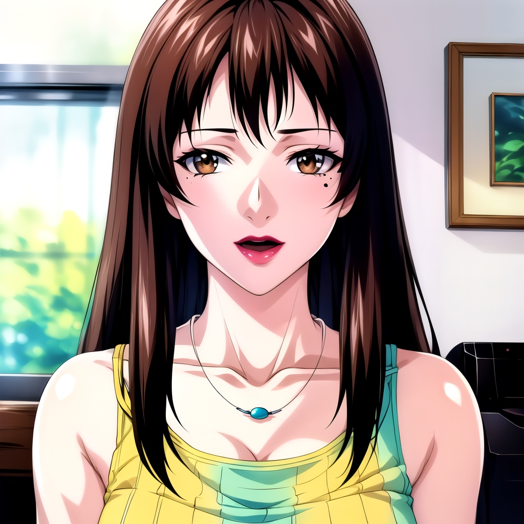 yuntianhe, 1girl, solo, brown hair, jewelry, mole under eye, long hair, necklace, mole, open mouth, brown eyes, lipstick, indoors, makeup, collarbone, upper body,nice hands, perfect balance, (looking at viewer:1.5), closed mouth, (Light_Smile:0.3), official art, extremely detailed CG unity 8k wallpaper, perfect lighting, Colorful, Bright_Front_face_Lighting, White skin, (masterpiece:1), (best_quality:1), ultra high res, 4K, ultra-detailed, photography, 8K, HDR, highres, absurdres:1.2, Kodak portra 400, film grain, blurry background, bokeh:1.2, lens flare, (vibrant_color:1.2), professional photograph, (narrow_waist), dark studio