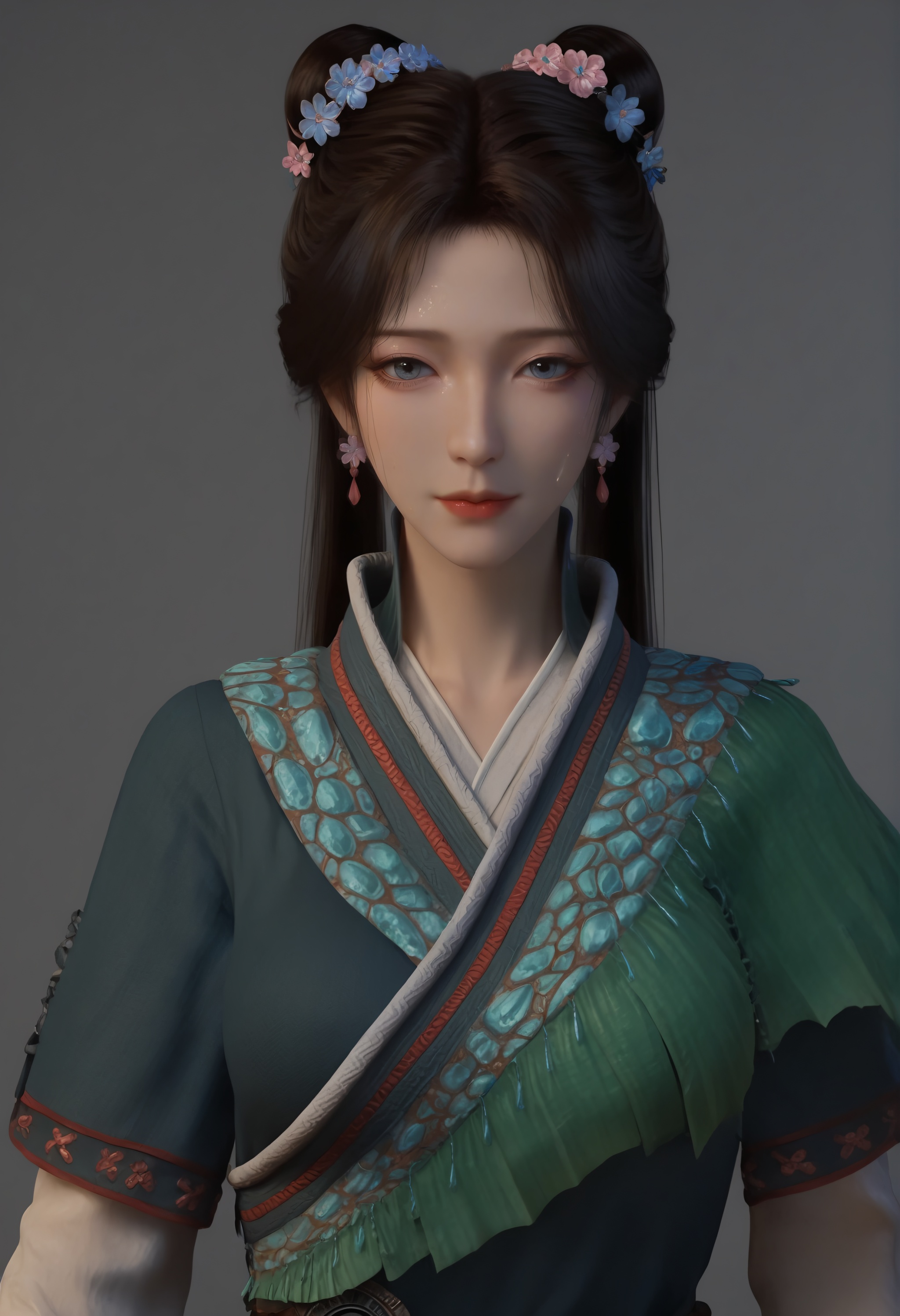 (score_9),<lora:梅凝双马尾-Apony-000008:0.83>,meining,1girl,solo,long hair,black hair,twintails,flower earrings,hair flower,high collar,chinese clothes,belt,<lora:perfect-eyes:0.8>,grey_iris,<lora:Expressive_H:0.8>,looking at viewer,front view,<lora:e色温:0.5>,(Ivory_skin),(sweaty_skin),white_skin,<lora:e肤色滑块:0.5>,mature,collarbone,glamor,puffy breasts,pointy_breasts,simple background,