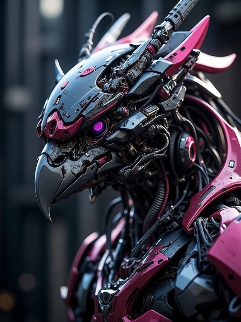 mecha,Cyberpunk Bird, Portrait Intricate Details,Perfect Composition,High Contrast,Atmospheric,Moody,Raw photo,realistic,cinematic lighting,soft shadows,sharp focus,fractal,colorful,depth of field,best quality,16k resolution,