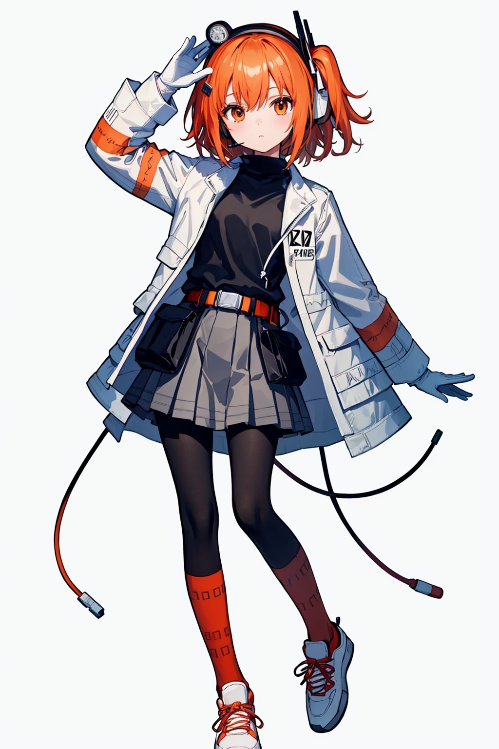 masterpiece,best quality, highly detailed, 1girl,adachi rei,black shirt,closed mouth,expressionless,grey skirt,long sleeves,looking at viewer,open jacket,parka,radio antenna,solo,turtleneck,white gloves,white jacket,black leggings,headset,utility belt,pleated skirt,cable,simple background,belt pouch,white background,full body,sneakers,hand up,<lora:adachi_rei:1>
