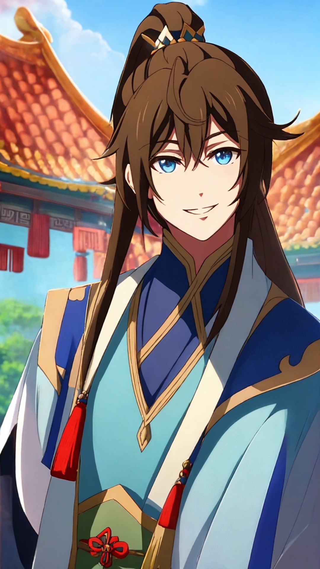 1boy,male focus,solo,long hair,blue eyes,brown hair,smile,ponytail,upper body,hair ornament,high ponytail,chinese clothes,<lora:boy baixiaochun_20240911193625:0.7>,
