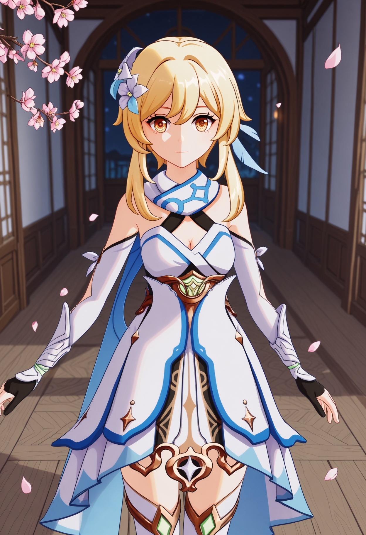 (standing full_body:1.1),looking at viewer:1.1,masterpiece,(best quality),(mutated_hands:-1.2),(bad hands:-1.2),smog,Dark room,dim lighting,peach blossom,falling petals,<lora:YQ_Illustrious光辉v5_荧_V1:0.8>,q1528437228,1girl,solo,lumine (genshin impact),blonde hair,hair ornament,dress,hair flower,white dress,short hair with long locks,detached sleeves,yellow eyes,scarf,sidelocks,feather hair ornament,gloves,white thighhighs,boots,