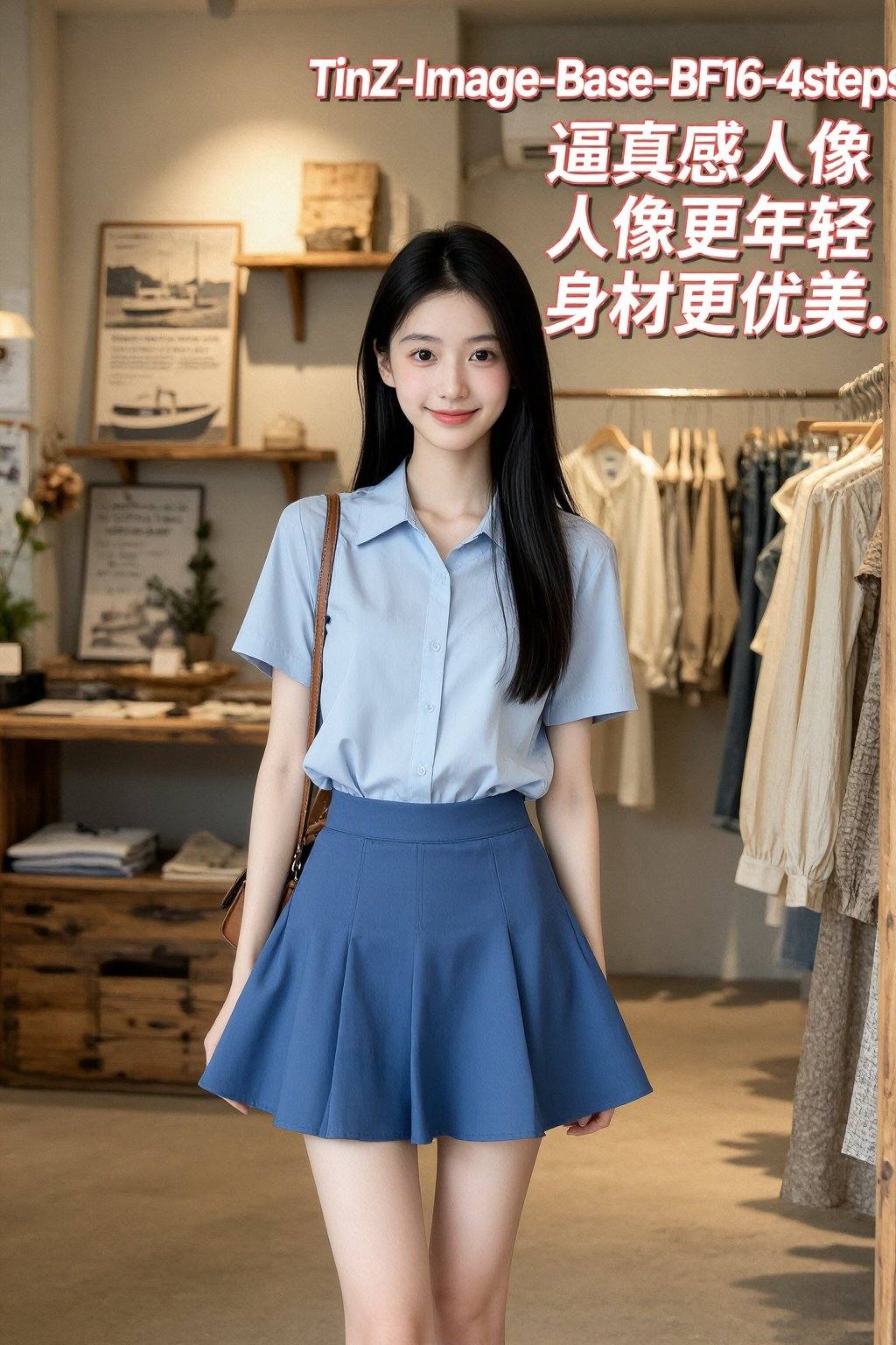 这是一张高分辨率照片，照片中一位东亚女性，脸带一点点笑容站在室内，很可能是在一家商店或精品店里。她有着黑色的长直发、白皙的皮肤和娇小的身材。她身穿一件简洁的浅蓝色短袖衬衫，衬衫下摆塞进一条高腰的蓝色百褶短裙里，裙摆略微外扩。衬衫的领口比较保守，她斜挎着一个棕色单肩包。她的妆容很淡，以自然色调为主，表情也很自然。背景中有一个木质置物架，上面摆放着各种物品，包括女装外套和衬衫，其中一些挂在挂钩上。置物架左侧可以看到一幅装裱好的海报，上面有文字和一艘船的图像。柔和温暖的灯光营造出一种舒适的氛围。房间的装饰风格融合了现代和乡村元素，木质置物架和温暖的灯光与她现代风格的服装形成了对比。整体氛围营造出一种休闲又不失时尚的购物环境。图片右上角四行标注,标注用红色文字,红色文字带白色细边,文字右边对齐,第一行“TinZ-Image-Base-BF16-4steps”；第二行“逼真感人像”；第三行“人像更年轻”；第四行“身材更优美.文字和人像保持一点距离.