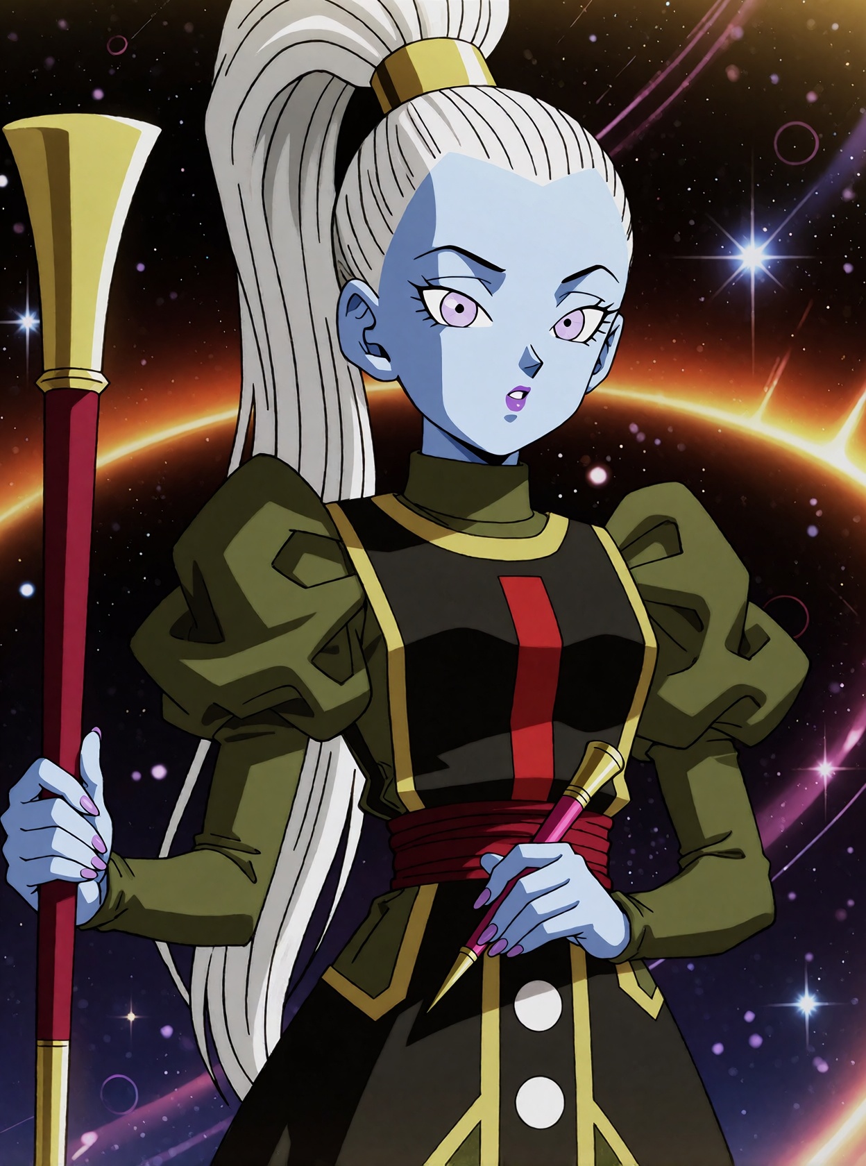 Vados from Dragon Ball Super,  an angel of Universe 6,  stands against a starfield on Tensor.Art