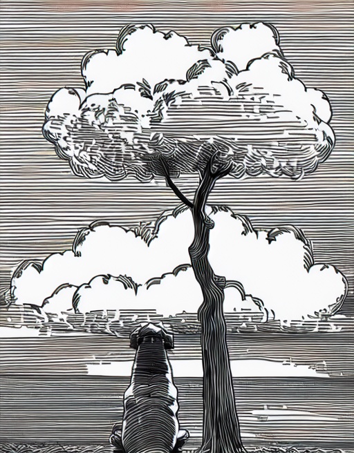 masterpiece,best quality,line art,hand drawn,sky,cloud,tree, dog,<lora:xiantiao_style:0.9>