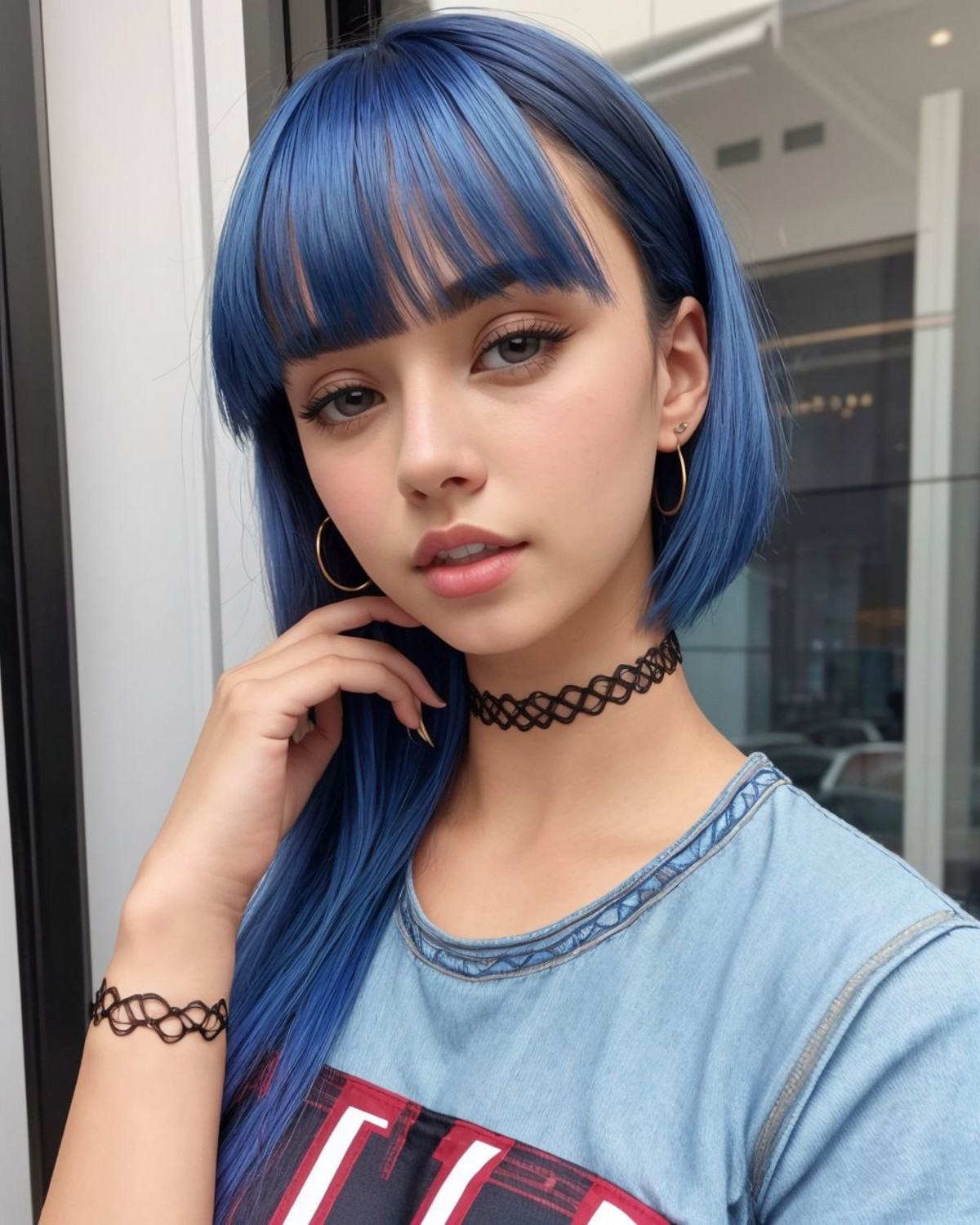 photo of a woman,  ice blue lone nape hair,  fanged bangs on Tensor.Art