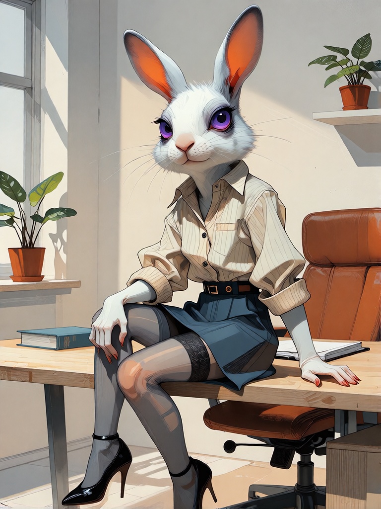 Bradhamel art style. A stylized anthropomorphic rabbit with large upright ears,  purple eyes,  and a fluffy white tail on...