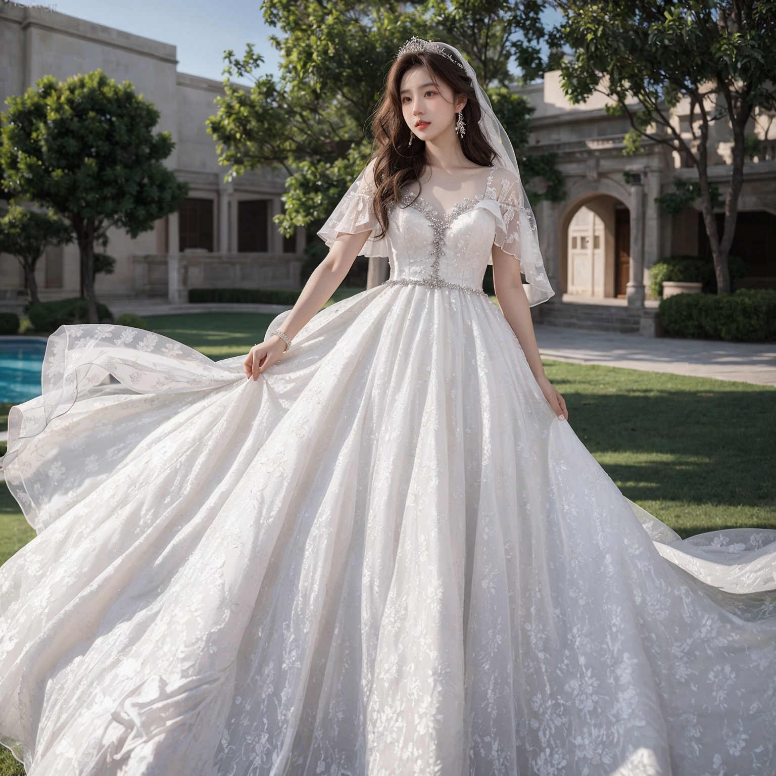 Best Quality,Masterpiece:1.4),(Realism:1.2),(Realisitc:1.2),4K,(photorealistic:1.3),1girl, white wedding dress,long dress,outdoors, flower,  jewelry,print,(Long Wavy Hair),hunsha,veil,Earrings,Jewelry,Tindal Light, <lora:YG梦中婚纱3:0.7>,