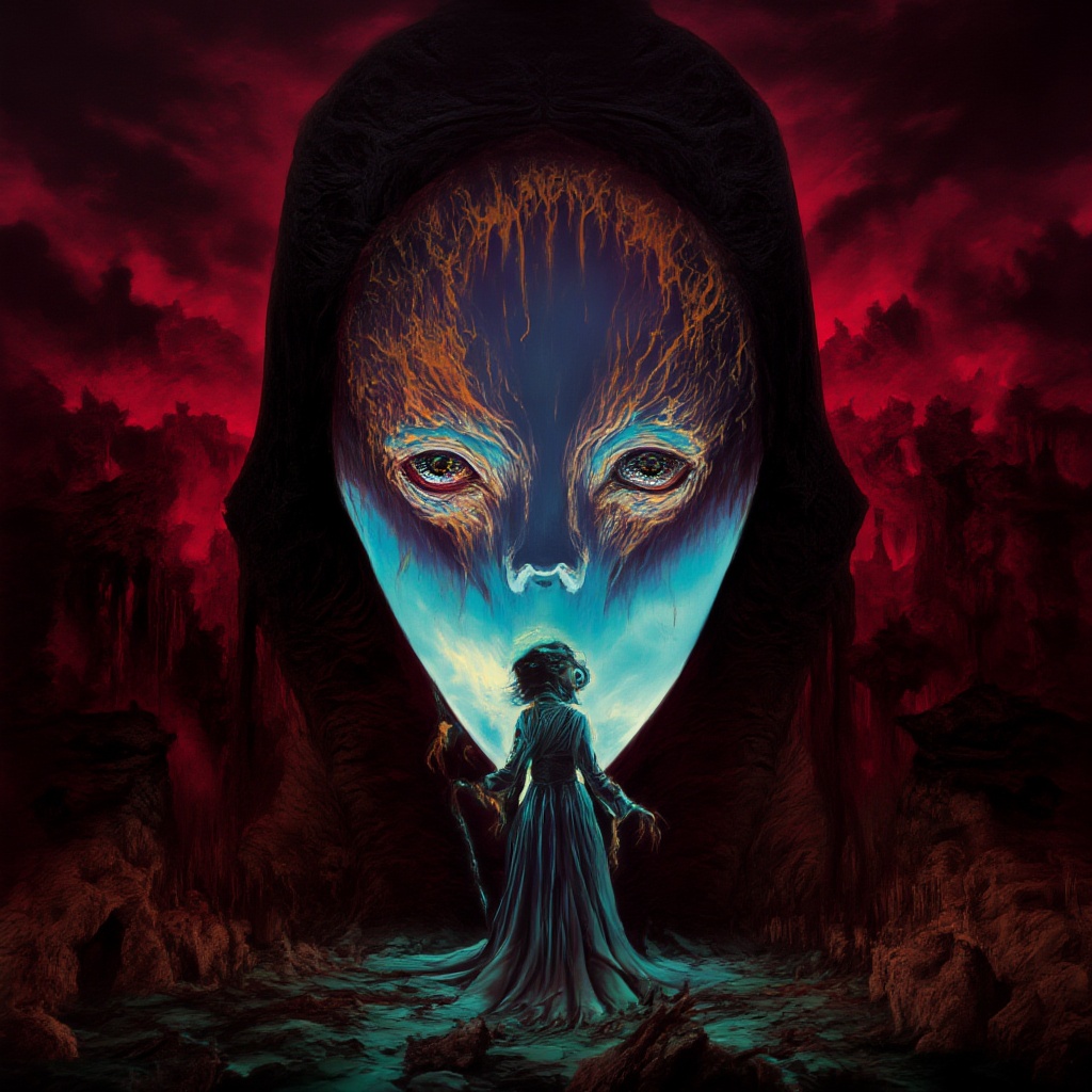 a haunting scene with 1 female necromancer in a dark fantasy world of diablo. Emphasize eerie atmosphere,  high contrast,...