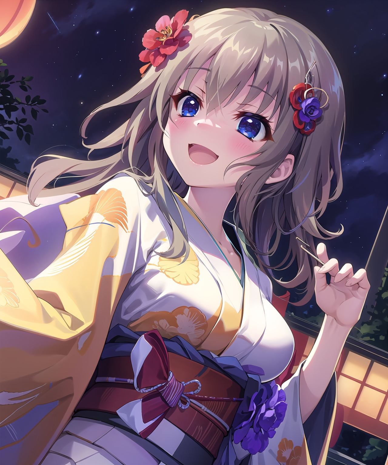 kujoumiyako, 1girl, japanese clothes, kimono, long hair, smile, night, hair ornament, flower, hair flower, open mouth, :d, floral print, solo, dutch angle, bangs, outdoors, sash, obi, sky, night sky, print kimono, blush, white kimono, hair between eyes, upper body, breasts, yukata, purple flower, long sleeves, wide sleeves, medium breasts, star \(sky\), masterpiece,best quality,