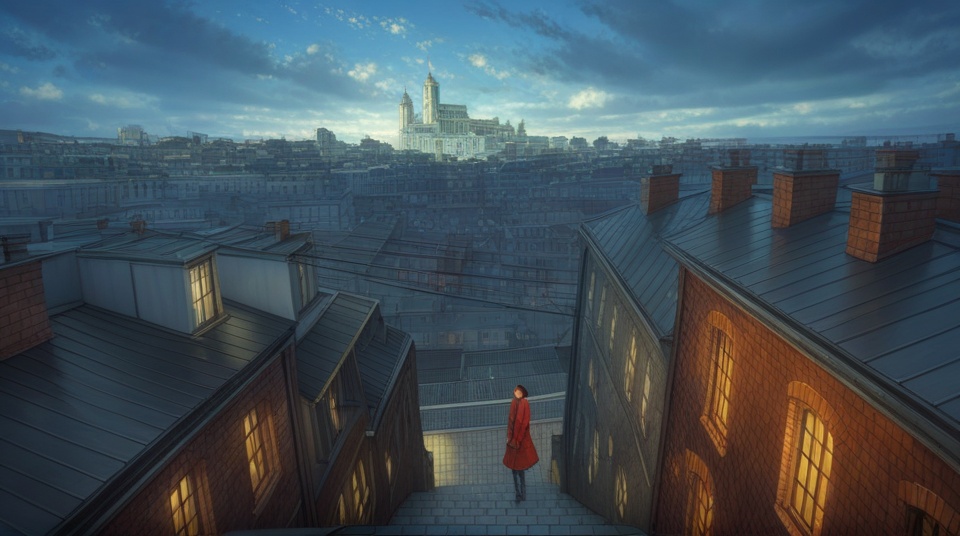 (best quality), ((masterpiece)), (highres), illustration, original, extremely detailed,  <lora:疗愈天空:0.7>scenery, sky, cityscape, solo, cloud, outdoors, city, building, window, stairs, rooftop, lantern