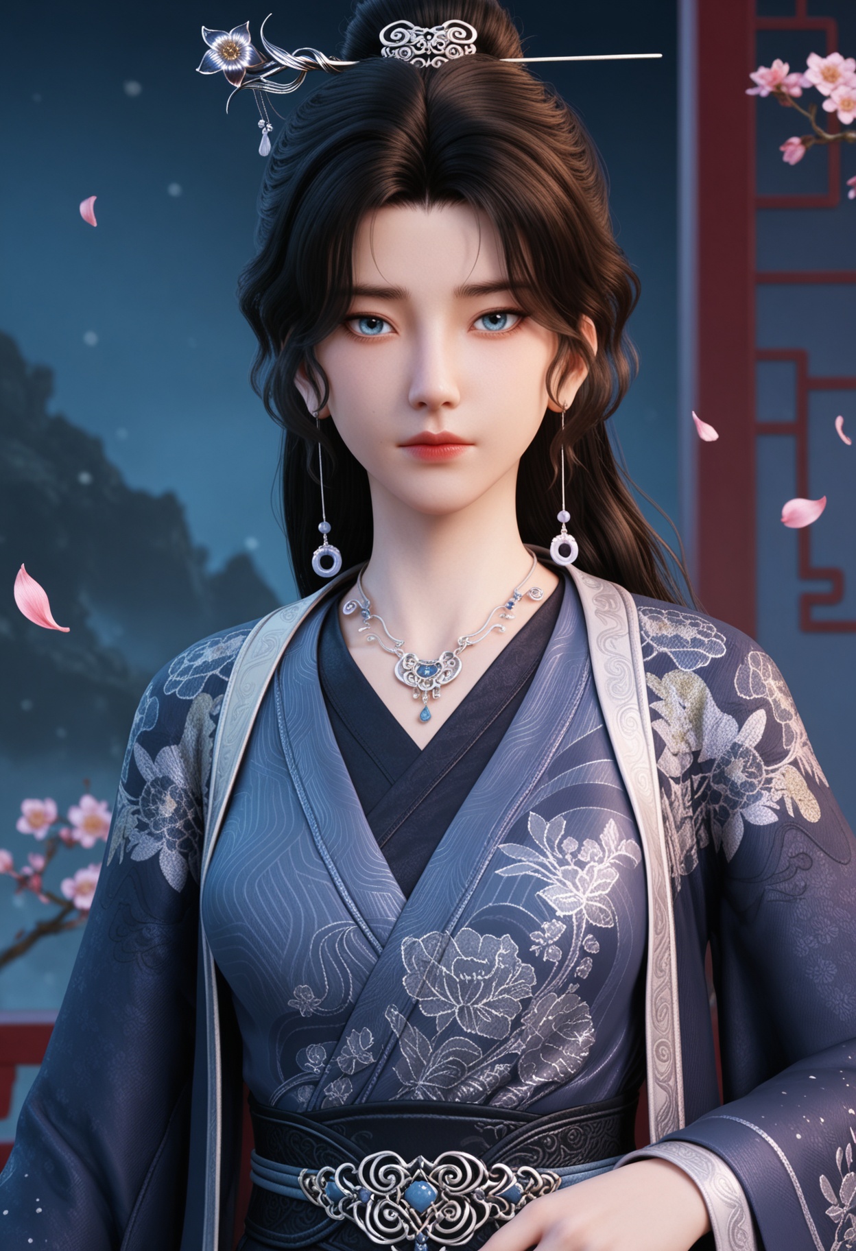 (upper_body:1.2),(looking at viewer:1.1),masterpiece,(best quality),smog,Dark room,dim lighting,peach blossom,falling petals,<lora:YQ_Illustrious光辉v5_宋馀_长春宫长老_V1:0.8>,q1528437228,1girl,solo,long hair,black hair,jewelry,necklace,earrings,hair ornament,chinese clothes,hair bun,hair stick,long sleeves,hanfu,blue eyes,wide sleeves,sash,dress,single hair bun,brown hair,blue dress,