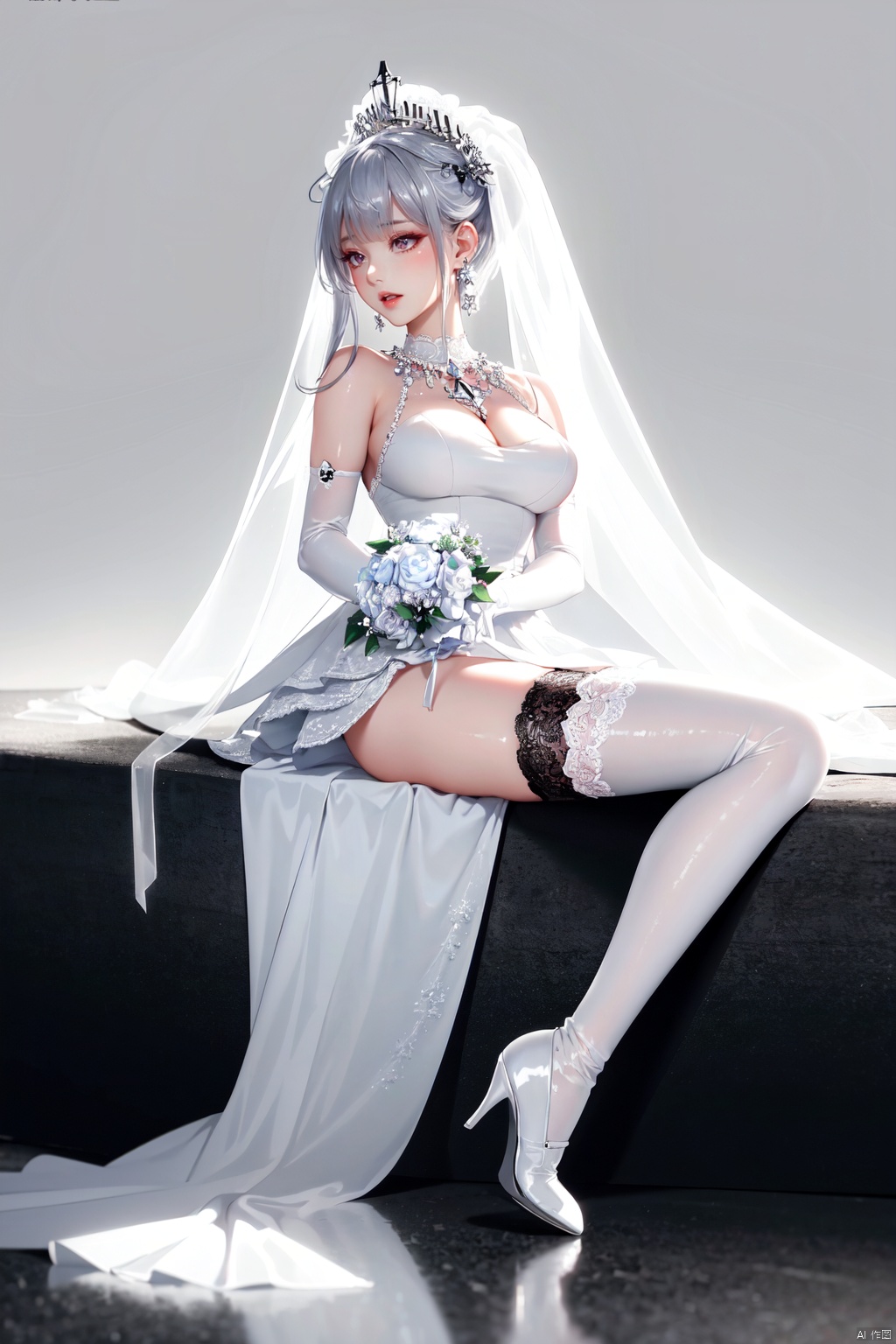 ((Sitting, spreading your legs, from behind, from below)), Realistic style, cinematic work, 8K wallpaper, masterpiece, very realistic quality, best quality, masterpiece, high-level, high-resolution,,,Edge lighting, dual tone lighting, soft lighting, The illuminated surface of the material has bright spots and highlights, which flicker and have a mirror effect when reflected, There are sparkling spots on the armor,,,1 girl, mature female, solo, full body, looking at viewer, lace, strong rim light, Standard proportion of female body, golden proportion of female body,,,Standing, standing posture, Sexy full body standing posture,,,,(guanghui, aircraft, bouquet, breasts, airplane, dress, solo, thighhighs, veil, large breasts,holding bouquet, gloves, white dress, high heels, full body, lace-trimmed dress, wedding dress, holding, ribbon, white thighhighs, cleavage, bridal veil, white footwear, elbow gloves, lace trim, hair ribbon, white gloves, smile, blush, watson cross, looking at viewer, lace, bare shoulders, ahoge, standing, tachi-e, rose, garter straps, white flower, crossed legs, simple background, hair flower, sidelocks, transparent background, low twintails, open mouth, see-through, shoes, official alternate costume, sleeveless, white background, white rose, tress ribbon, blue ribbon, center opening, sleeveless dress,:1.2),,,,colorful,(detailed skin: 1.3), (detailed face: 1.3),clear focus,delicate,(mature women: 1.2),(glossy skin+glossy skin: 1.4),(sweating: 1.1),(big_eyes),red_ eyeshadow,long_ Eyelashes, red lips,,,simple background, grey background,,,(Diamond hair accessories, diamond necklaces, diamond earrings, diamond earrings, clothes embedded with diamonds, armor embedded with diamonds,:1.3)<lora:EMS-59958-EMS:0.260000>