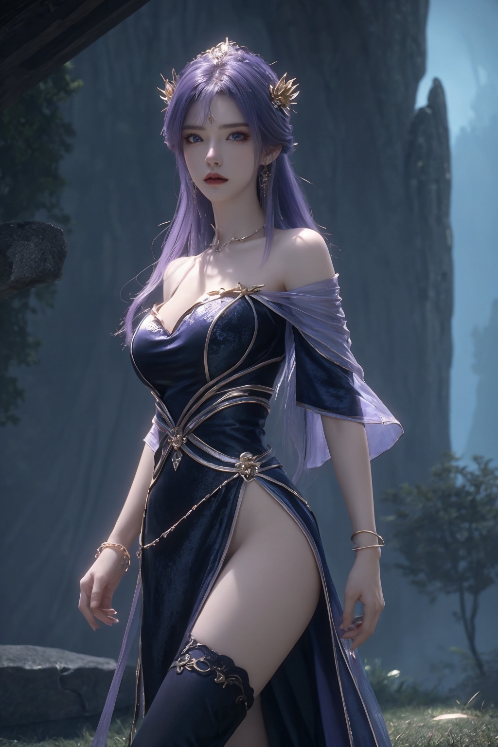 1girl, bangle, bare shoulders, blue eyes, bracelet, breasts, cleavage, dress, earrings, hair ornament, indoors, jewelry, long hair, looking at viewer, off shoulder, purple hair, solo, thighhighs cinematic view, epic sky, detailed, concept art, low angle, high detail, warm lighting, volumetric, godrays, vivid, beautiful, trending on artstation, by jordan grimmer, huge scene, grass, art greg<lora:天穹1.0:0.8>
