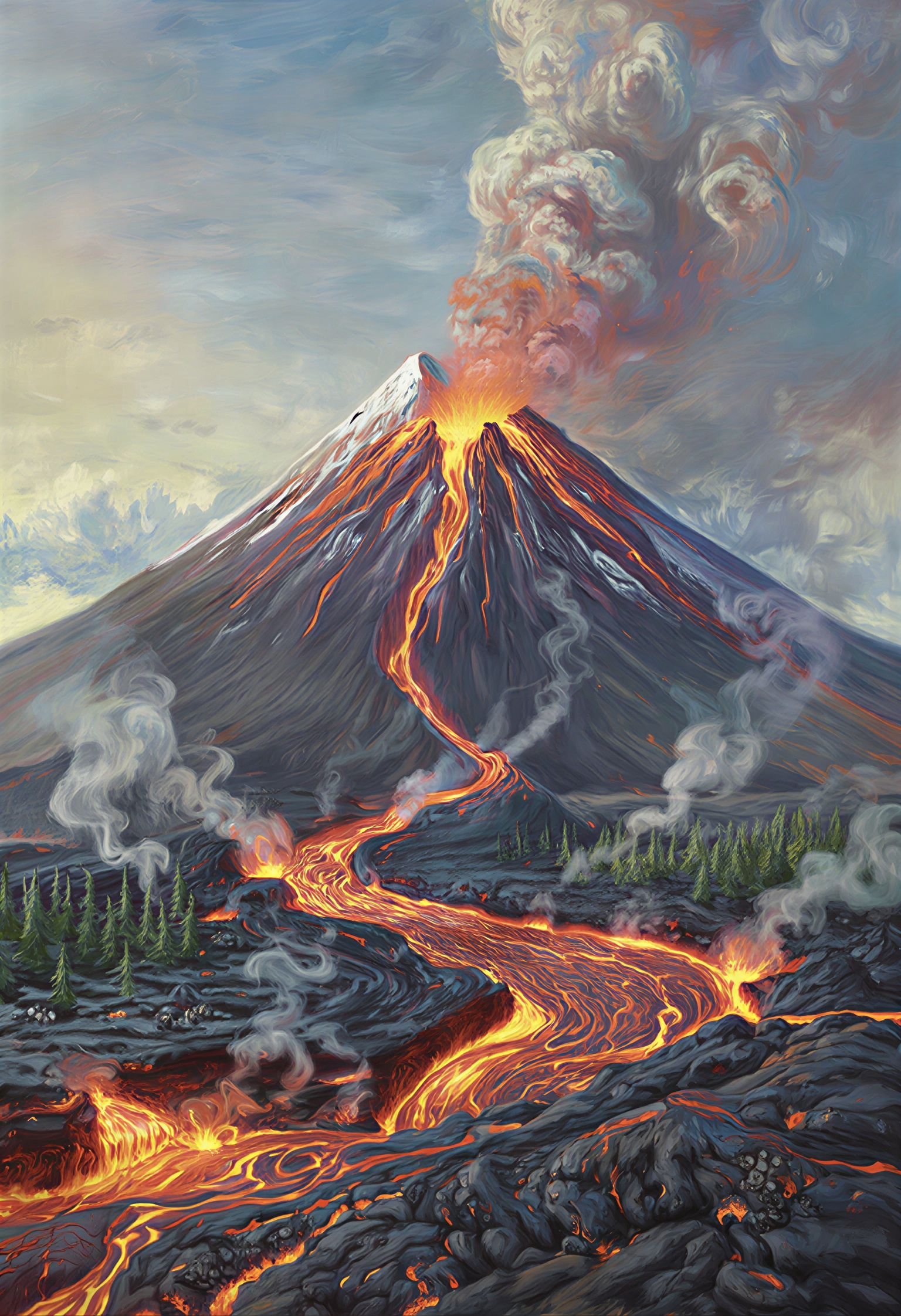 In the realm of dreams,  a towering volcano pierces the sky,  its snow-capped peak shrouded in an aura of mystique. Lava f...