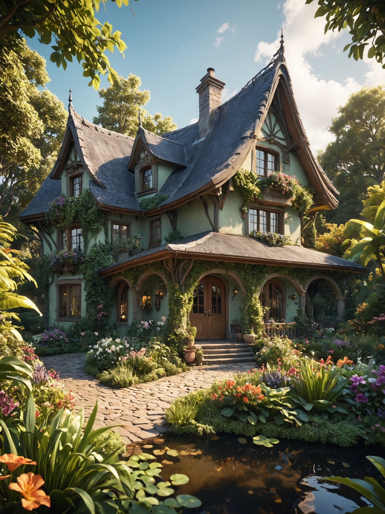 A captivating 3D render of a breathtaking residence,  seamlessly merging Storybook Cottage and Art Nouveau styles. The enc...