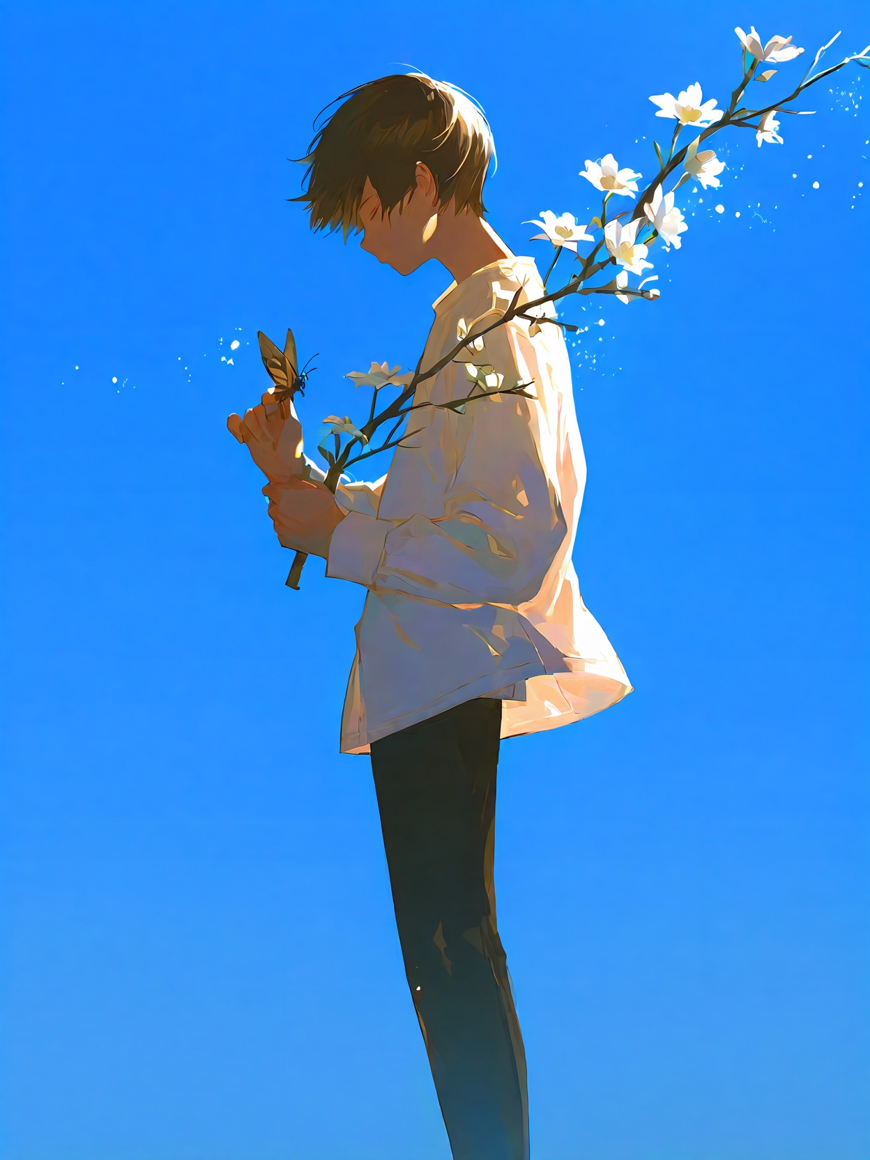 solo, short hair, simple background, brown hair, shirt, black hair, long sleeves, 1boy, holding, standing, closed eyes, white shirt, flower, male focus, sky, barefoot, pants, from side, gradient, gradient background, profile, blue background, black pants, bug, white flower, wind, light particles, backlighting, branch