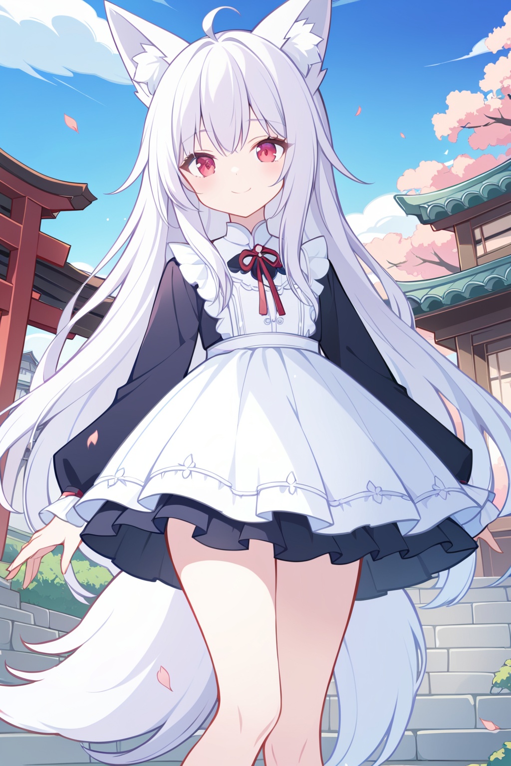(((masterpiece))),(illustration:1.3),(((best quality))),amazing,detailed unity 8K CG wallpaper,ultra detailed,((1 14_years_old girl:1.1)),((fox girl)),(fox_ears),cowboy shot,long delicate_and_intricate white hair and white marble glowing skin,long hair,solo,beautiful pony_tail,beautiful glowing red eyes,delicate_and_intricate face,flowers on face,growth,nature,beautiful face,zoom in on eyes,standing,smile,(shy),(gorgeous [Gothic_Lolita:kimono:0.6] chiya),super detailed clothes,(extremely detailed background),torii,garden,stone brick road,fallen sakura_petals,pink_sakura_trees,spring,detailed sky and cloud,best lighting,sunburst,outline_shadow,incredibly_absurdres,<lora:liyueFP8-000002:0.6>,