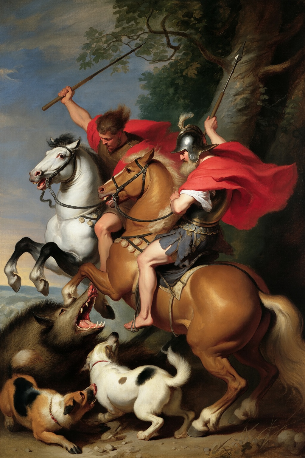 In the style of Peter Paul Rubens,  a boar hunt,  horsemen and dogs attacking a wild boar on Tensor.Art