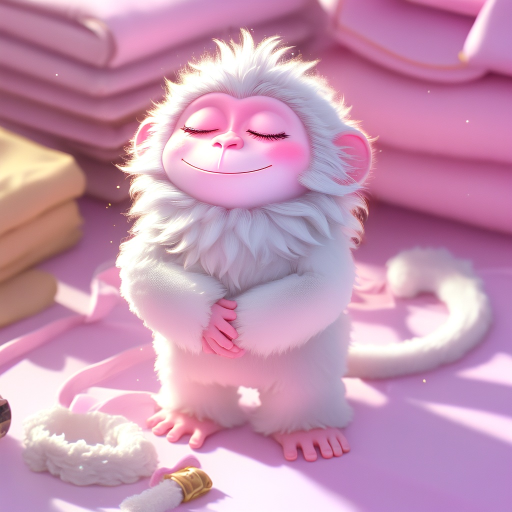 shenhou,monkey,fluffy,sunlight,light particles,whiskers,cute,cc-color-correction,mf-movie-filter,warm colors,whimsy and dramatic lighting,white fur,soft lighting,monkey focus,no humans,closed eyes,smile,closed mouth,indoors,on bed,full body,blurry,pink theme,sleeping,sitting,pink background,<lora:shenhou_v1:0.8>,