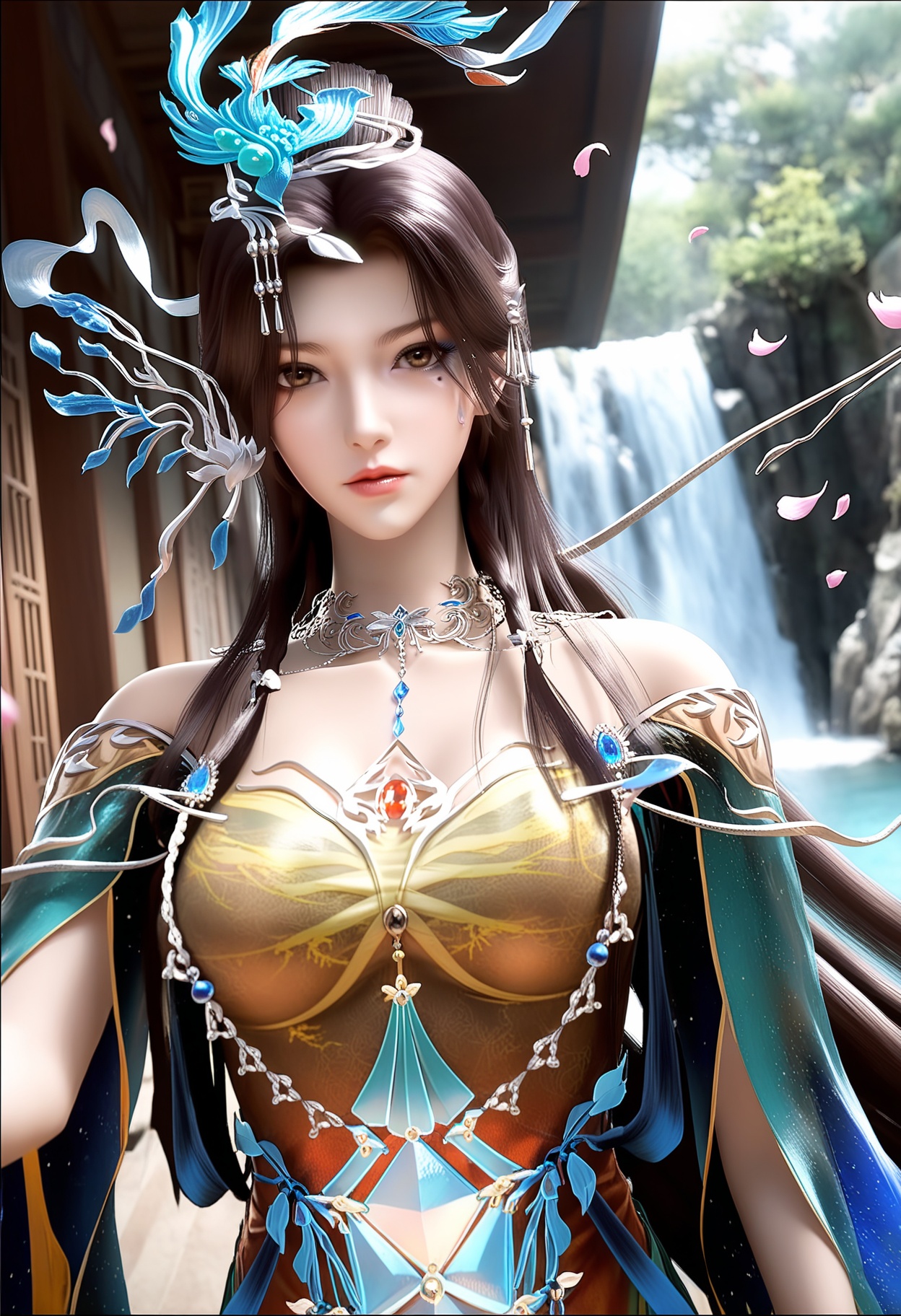 masterpiece,best quality,amazing quality,high resolution,ultra-detailed,absurdres,(looking at viewer:1.1),upper body,indoors,(moody lighting:1.1),waterfall,peach blossom,falling petals BREAK large breasts,yunwangshu,1girl,solo,long hair,jewelry,hair ornament,black hair,dress,necklace,brown hair,facial mark,brown eyes,hair bun,chinese clothes,mole under eye BREAK photorealistic details,<lora:QQSillyunwangshuV1:0.8>,