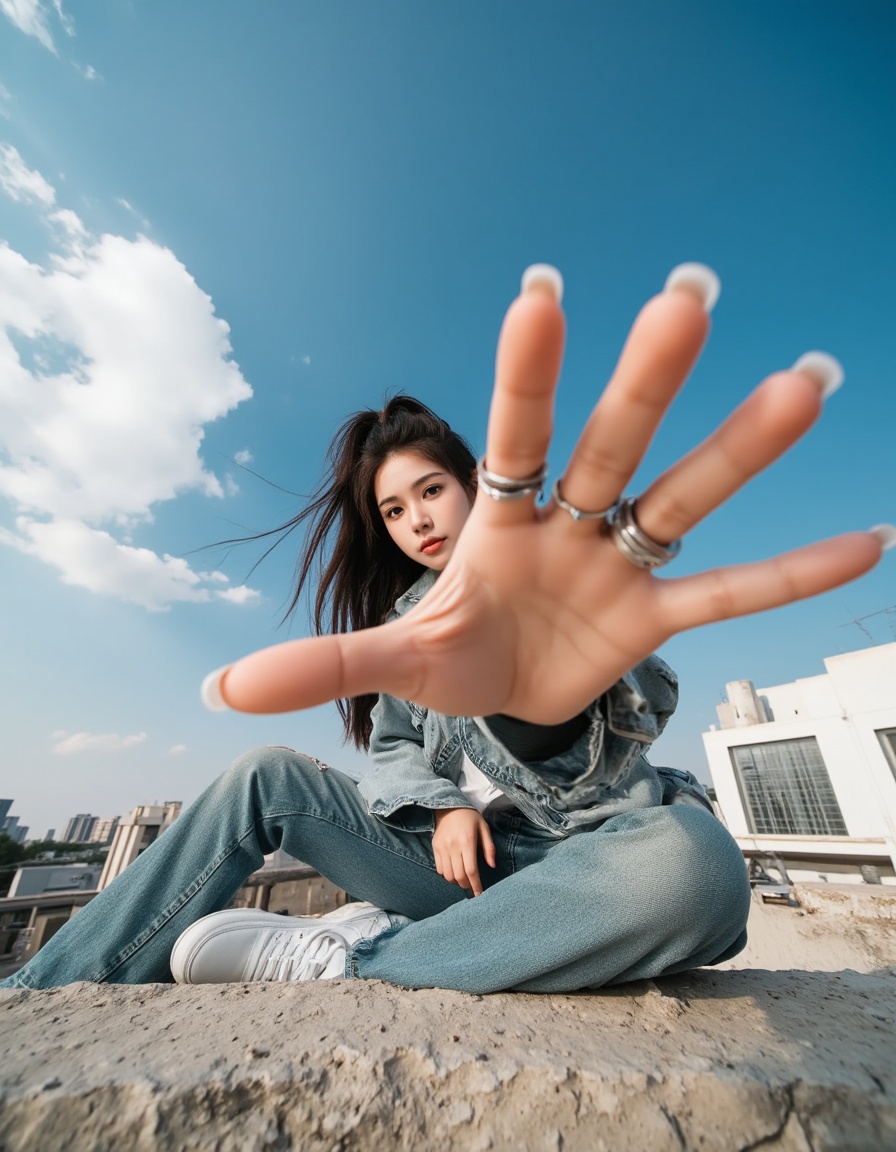 neomj,flashlighting,low-angle,wide shot,The image is a low-angle,wide shot portrait of a young woman sitting on a rough,textured surface,likely a rooftop or wall,against a vibrant blue sky with scattered clouds. She's wearing a denim jacket and jeans,with a white sneaker,and her long dark hair is pulled into a high ponytail,with strands flowing in the wind. Her right hand is extended towards the camera,featuring several rings,creating a forced perspective that dominates the foreground. The lighting is natural and bright,suggesting daytime,with a slightly cool color tone. The composition is dynamic,utilizing the low angle and the outstretched hand to draw the viewer's attention,while the background shows blurred city buildings,grounding the scene in an urban environment.,<lora:neomj闪光灯v3_14:1>,