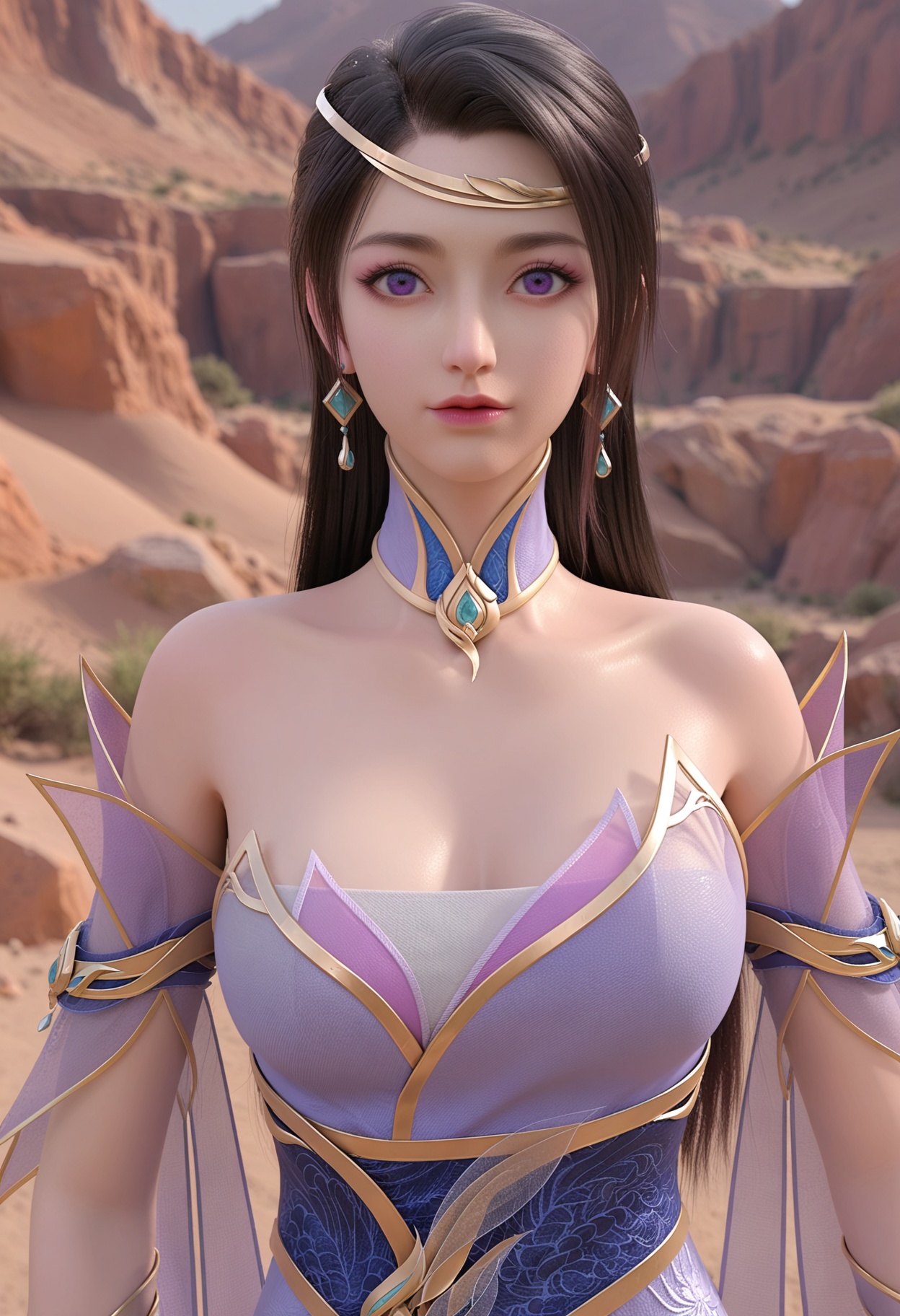 perfect_anatomy,(score_9:1.1),(upper_body:1.1),looking_at_viewer,<lora:YQ_pony_chulingyu_V3:0.8>,1girl,q1528437228,solo,long hair,jewelry,dress,earrings,bare shoulders,black hair,purple dress,breasts,detached collar,detached sleeves,purple eyes,hair ornament,collar,cleavage,perfect_anatomy BREAK (perfect_anatomy:1.1),mature female,(on a desert,:1.1),(shiny_skin),(Ivory_skin:1.1),(cinematic lighting),