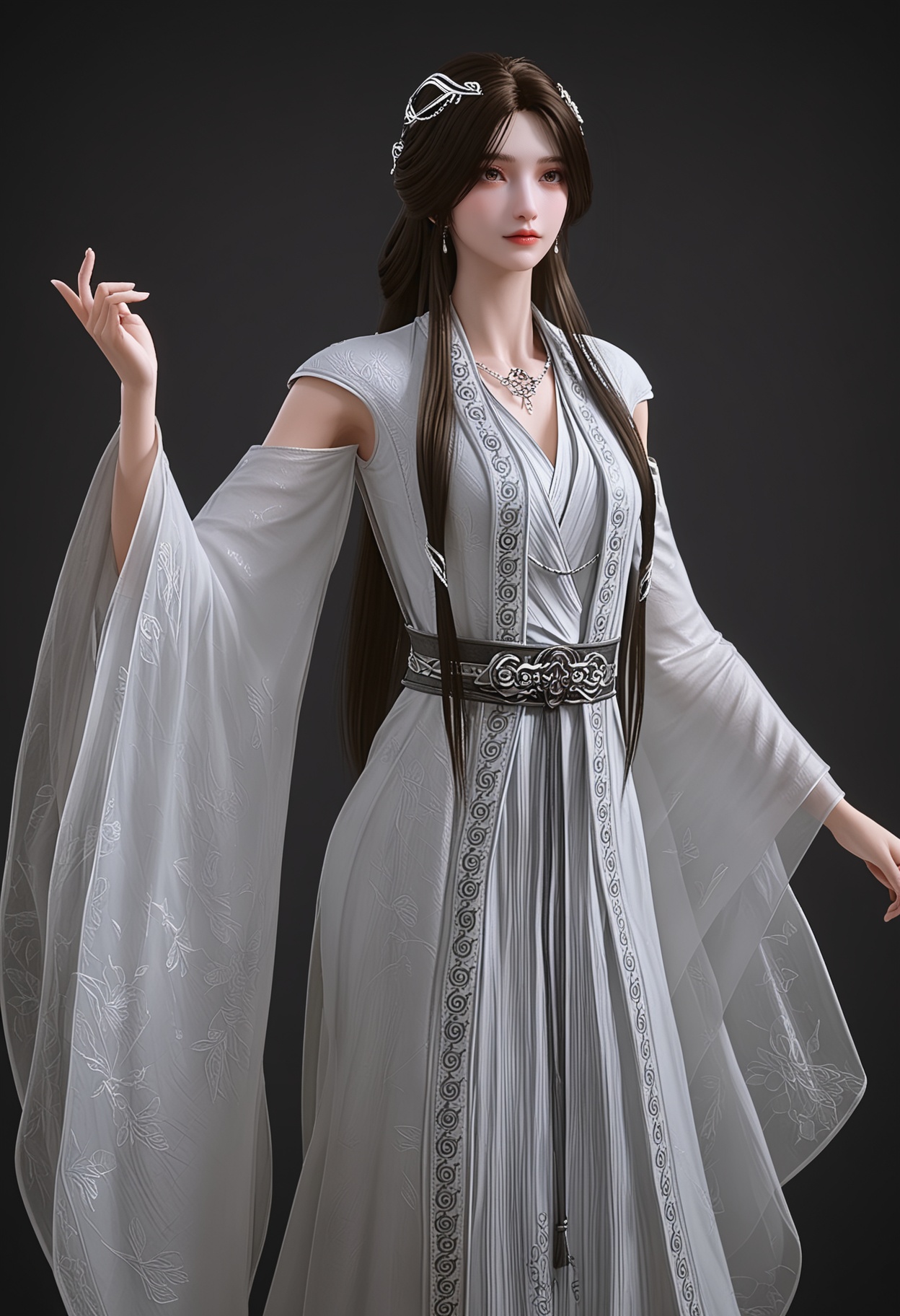 (standing full_body:1.1),score_9,score_8_up,masterpiece,(best quality),intricate details,facing viewer,(looking at viewer:1.1),<lora:YQ_pony_yuxin2.0_V4:0.8>,q1528437228,1girl,solo,long hair,hair ornament,jewelry,earrings,dress,brown hair,white dress,necklace,black hair,brown eyes,chinese clothes,long sleeves,detached sleeves,wide sleeves,hair bun,BREAKscore_9,score_8_up,masterpiece,(best quality),perfect anatomy,(hourglass),perfect face,(simple background,pure black background,black background:1.1),fair_skin,shiny_skin,Ivory_skin,