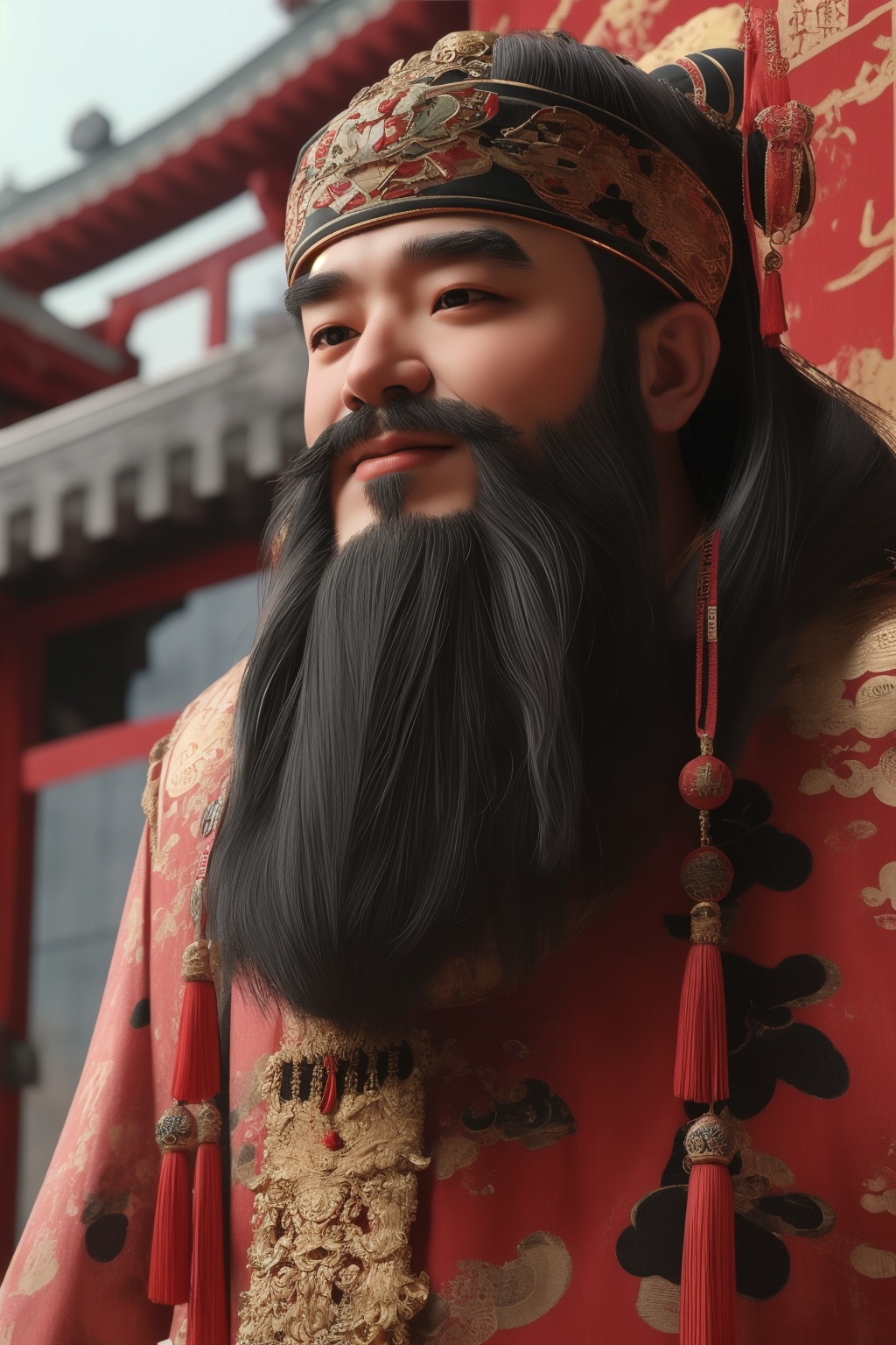 caishen,beard,Low Angle,Ancient architectural background,<lora:caishen-000002:0.7>,Half of one's body,,solo,