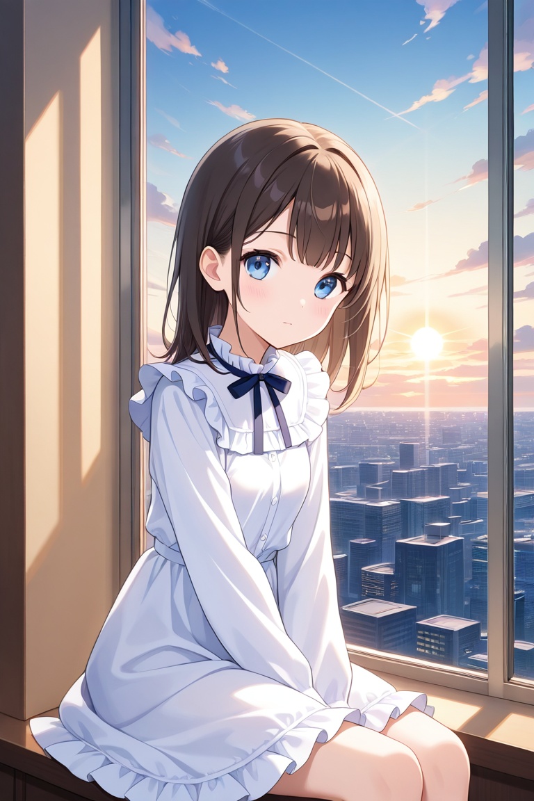 1girl,solo,sitting,window,frills,sky,cloud,indoors,cityscape,closed_mouth,sun,looking at viewer,