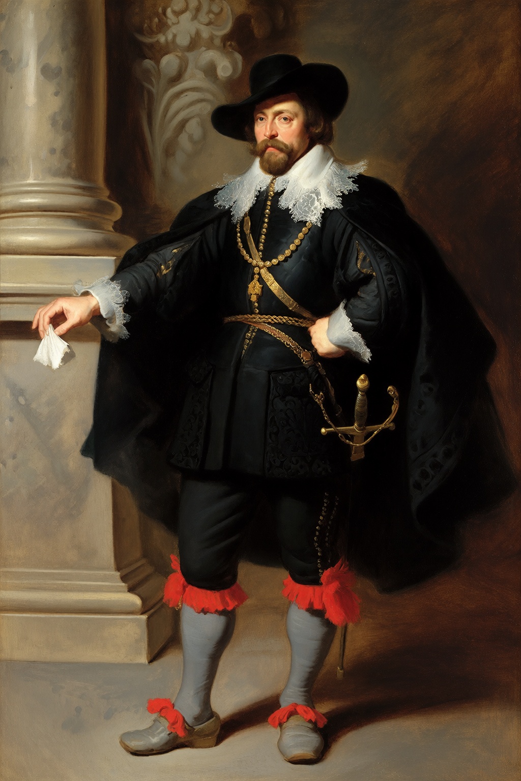 In the style of Peter Paul Rubens,  a portrait of a nobleman in black,  a full-length figure in rich dark clothing on Tens...