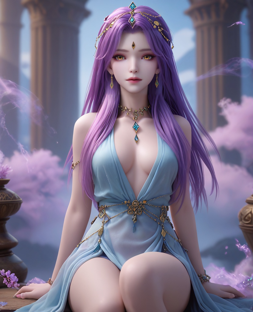 (oriental architecture, elegant decor, sophisticated style:1.1),sitting, m legs,(breasts:1.2),<lora:XL完美世界仙胎女子:0.95>,1girl,mist-formed gown,clouds and mist cover the body,veiled by a wisp of cloud,dress of mist and cloud,yellow eyes,forehead jewel,purple hair,long hair,hair ornament,jewelry,head chain,necklace,, zPDXL2, score_9, score_8_up, score_7_up BREAK realistic, masterpiece,best quality, highly detailed,, zPDXL3, zPDXL2,zPDXL, zPDXLxxx, zPDXLrl,