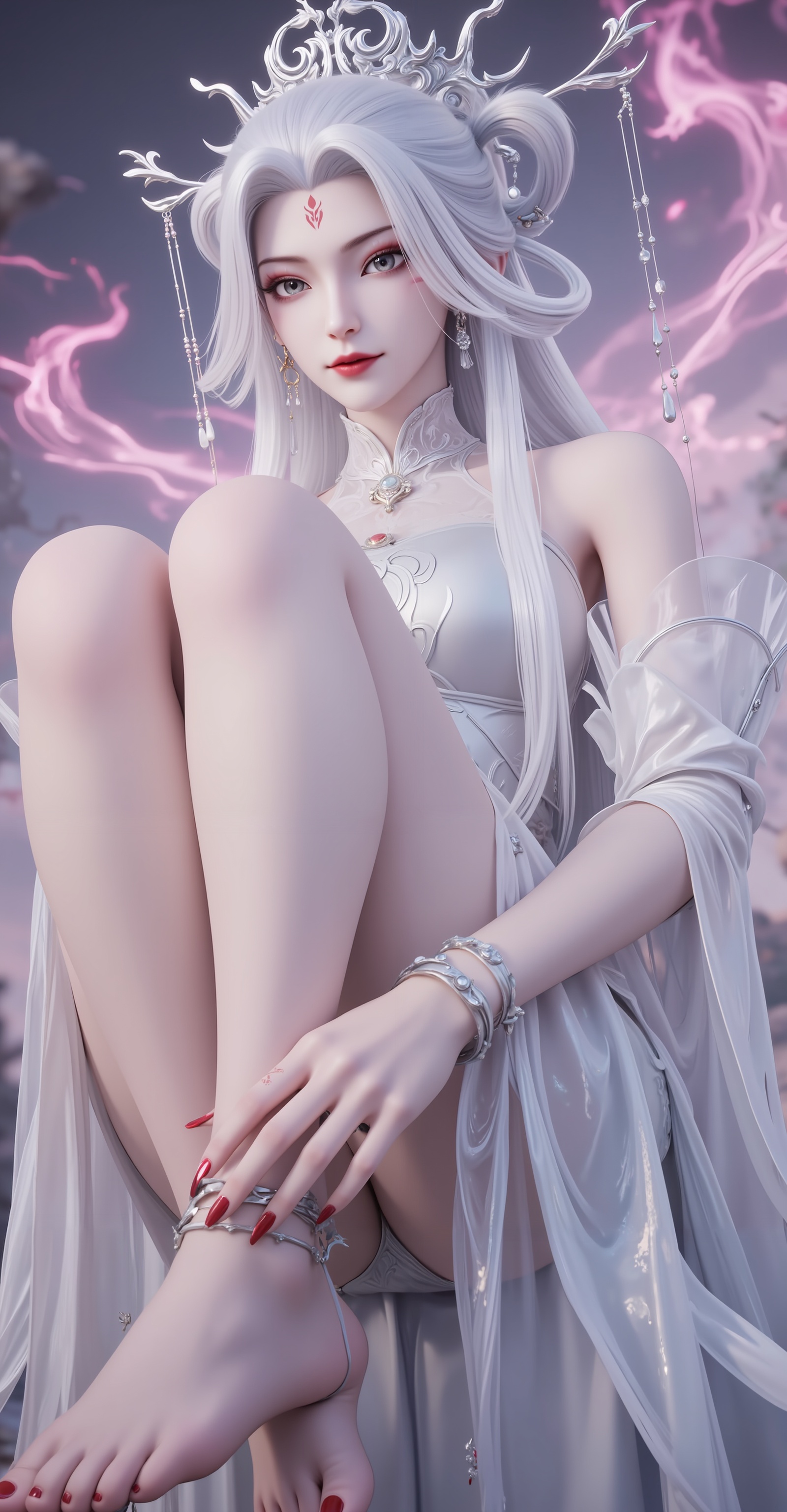 <lora:小白·新建模6:1>,xiaobai,1girl,solo,long hair,white hair,dress,facial mark,hair ornament,bare shoulders,forehead mark,white dress,red lips,detached sleeves,hair rings,makeup,looking at viewer,hair stick,grey eyes,1girl,toenail polish,barefoot,toenails,nail polish,anklet,feet,solo,dress,toes,jewelry,silver dress,legs,blurry,blurry background,foot focus,red nails,close-up,11,cover,gradient background,close-up details,outstanding style,adding a touch of dimension to your images without compromising details,close-up,<lora:DJ滤镜_2.5D版:0.3>,lvjing,<lora:绚丽多彩·10:0.4>,guoman,