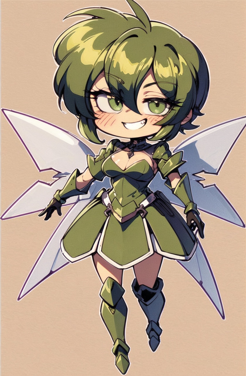 ultra highres,masterpiece,best quality,short hair,green eyes,armor dress,1girl,looking away,chibi,full body,armored boots,red background,grin,wings,retro artstyle,1990s \(style\),