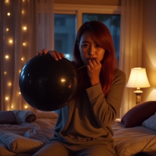 Korean girl sideways blowing black balloon at night,  red long hair,  bedroom on Tensor.Art