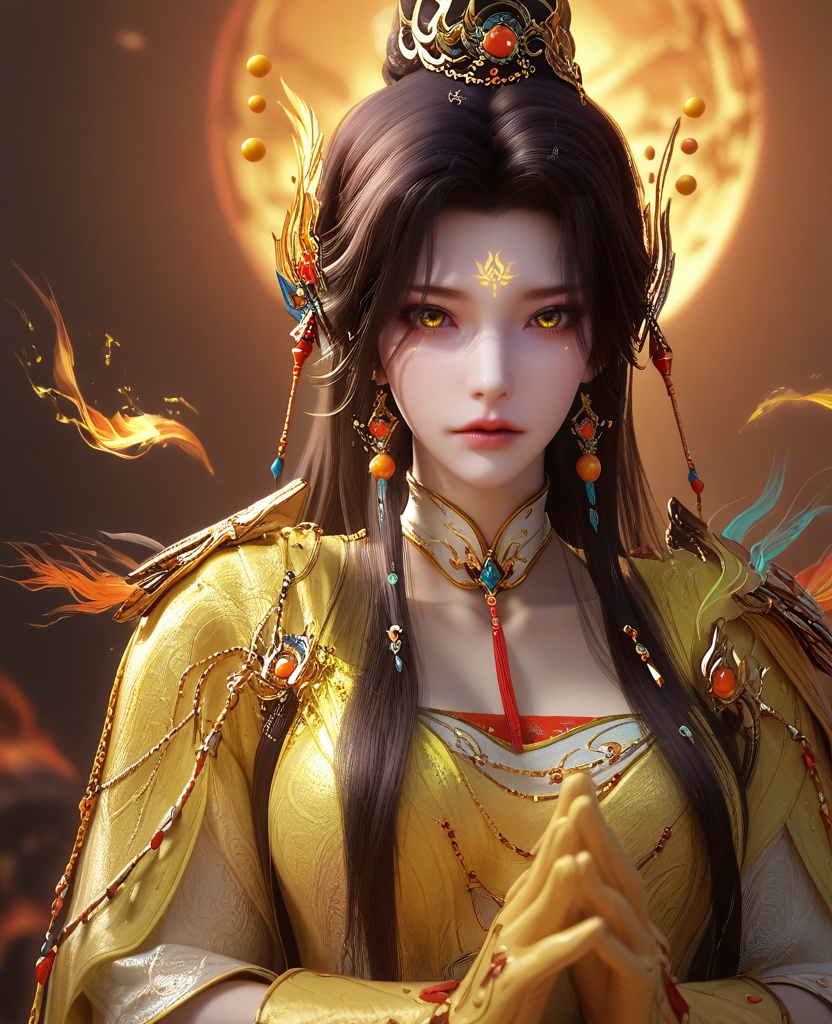 (With one foot forward and hands clasped behind her, she gazes into the horizon, evoking a sense of contemplation and future possibilities:1.1),(large breasts:1.2),<lora:XL16云深不知梦羲和众生愿:0.95>,miss xihe,white tiered dress,yellow shawl,yellow eyes,forehead mark,glowing facial mark,black hair,traditional chinese updo with long front strands,absurdly long hair,hair ornament,jewelry,yellow gloves,, score_9,score_8_up,score_7_up,score_6_up,score_5_up,score_4_up,3d rendering,tag1,tag2, Cinematic Lighting,backlighting,