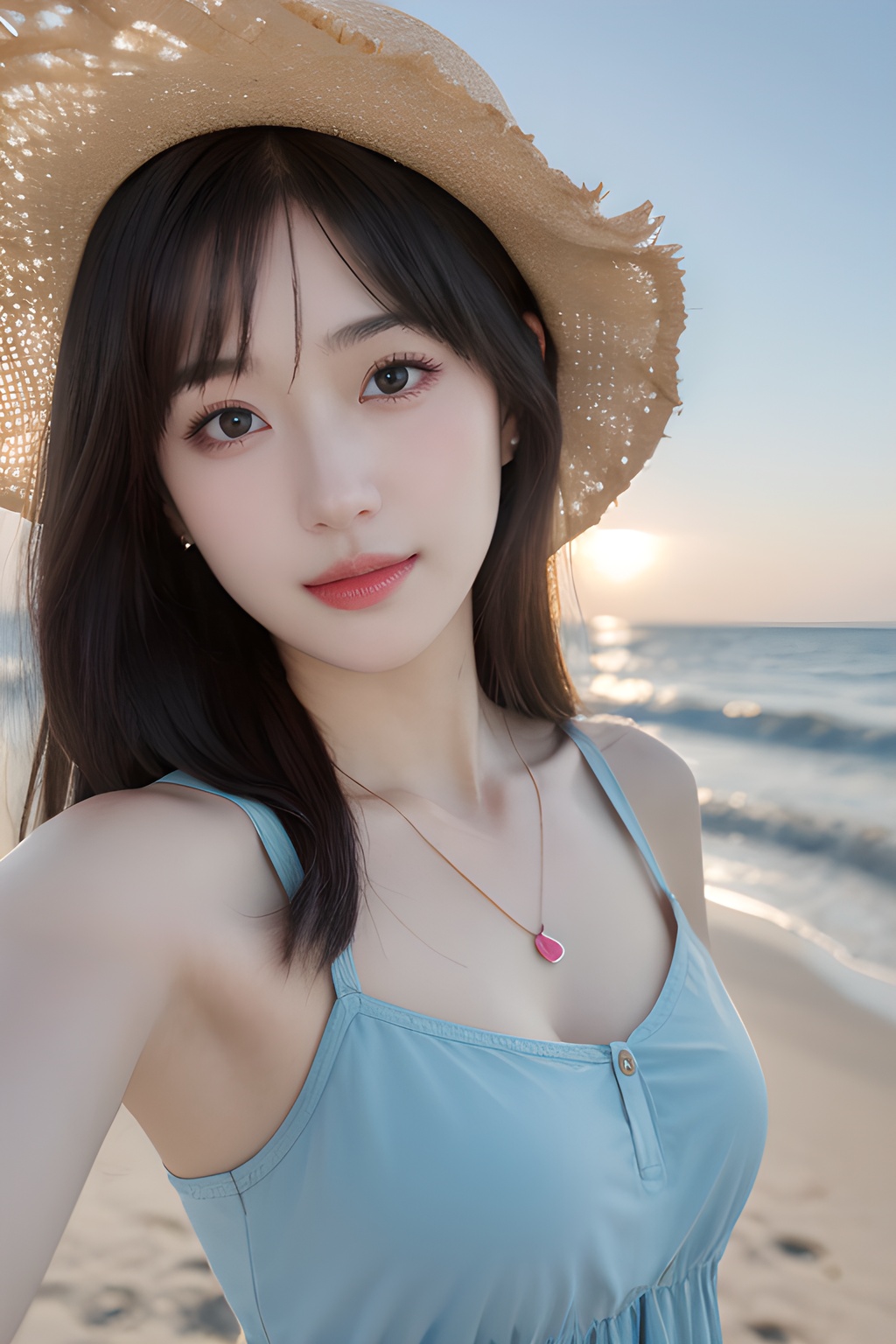 <lora:0811_03:0.7>,araffe girl with long hair wearing a straw hat and blue dress, 1girl, solo, hat, straw hat, long hair, looking at viewer, necklace, jewelry, heart necklace, smile, heart, brown hair, bangs, day, beach, outdoors, upper body, black hair, sunlight, closed mouth, swimsuit, selfie, sky, ocean,, 1girl,realistic,masterpiece, best quality, photorealistic, HDR,detail