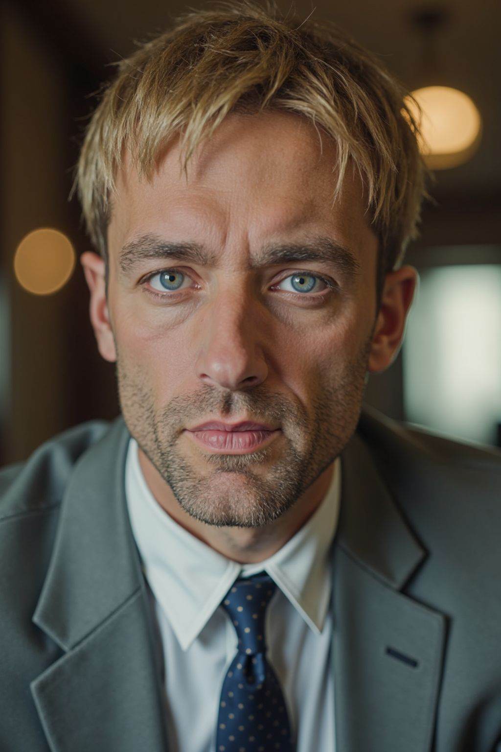 HDR photo of cinematic film still, This is a photo of a man with short blond hair. He is wearing a gray suit, with his mouth closed, looking at the viewer.