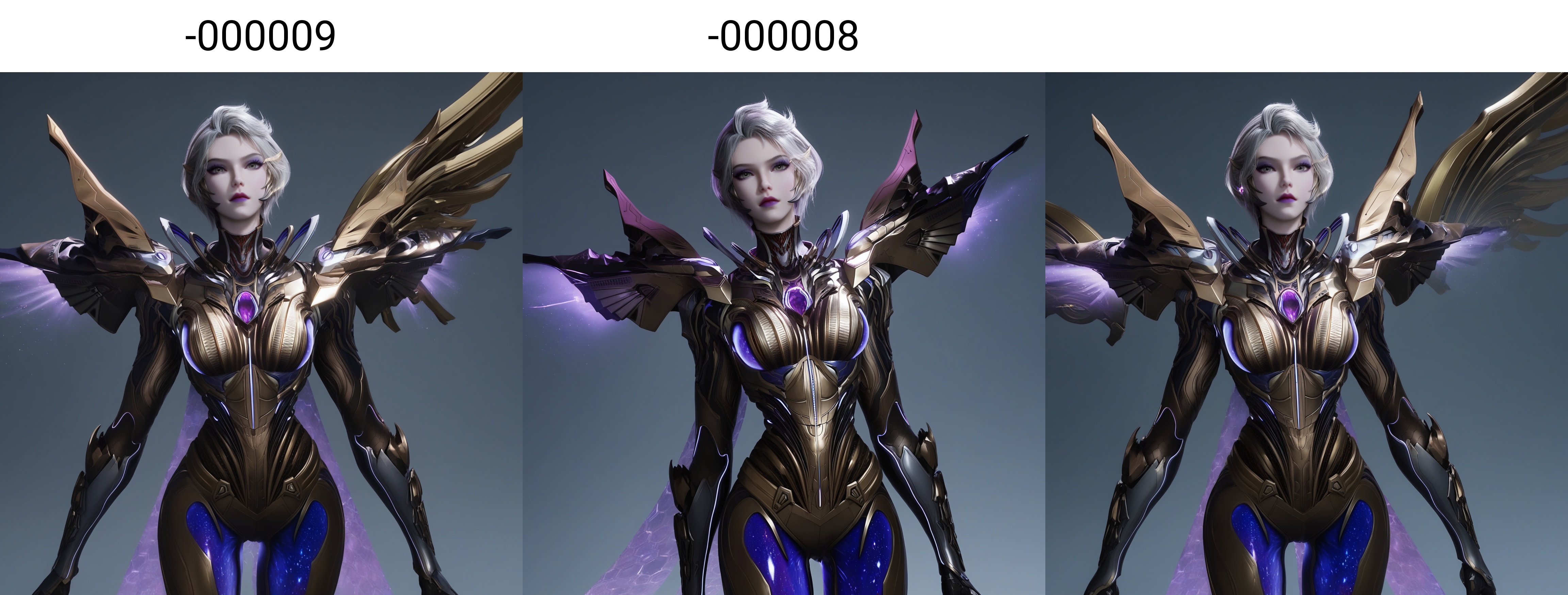 (score_9),cowboy shot,<lora:九皇女-apony-000009:0.82>,jhn,1girl,solo,short hair,grey hair,purple lips,eyeshadow,makeup,sci-fi suit,mechanical wings,bodysuit,tight,<lora:perfect eyes_v1:0.8>,light blush,Expressiveh,<lora:Expressive_H-000001:0.8>,collarbone,(glamor:1.2),curvy,BREAKlooking at viewer,front view,<lora:e肤色滑块:0.5>,fair_skin,(pale_skin),(white skin),<lora:e色温:0.35>,light skin,BREAKsimple background,grey background,ultra-detailed skin texture,detailed textures,4K ultra HD,sharp focus,high detail,natural lighting,high contrast,hearts,Volumetric Lighting,Tyndall effect,