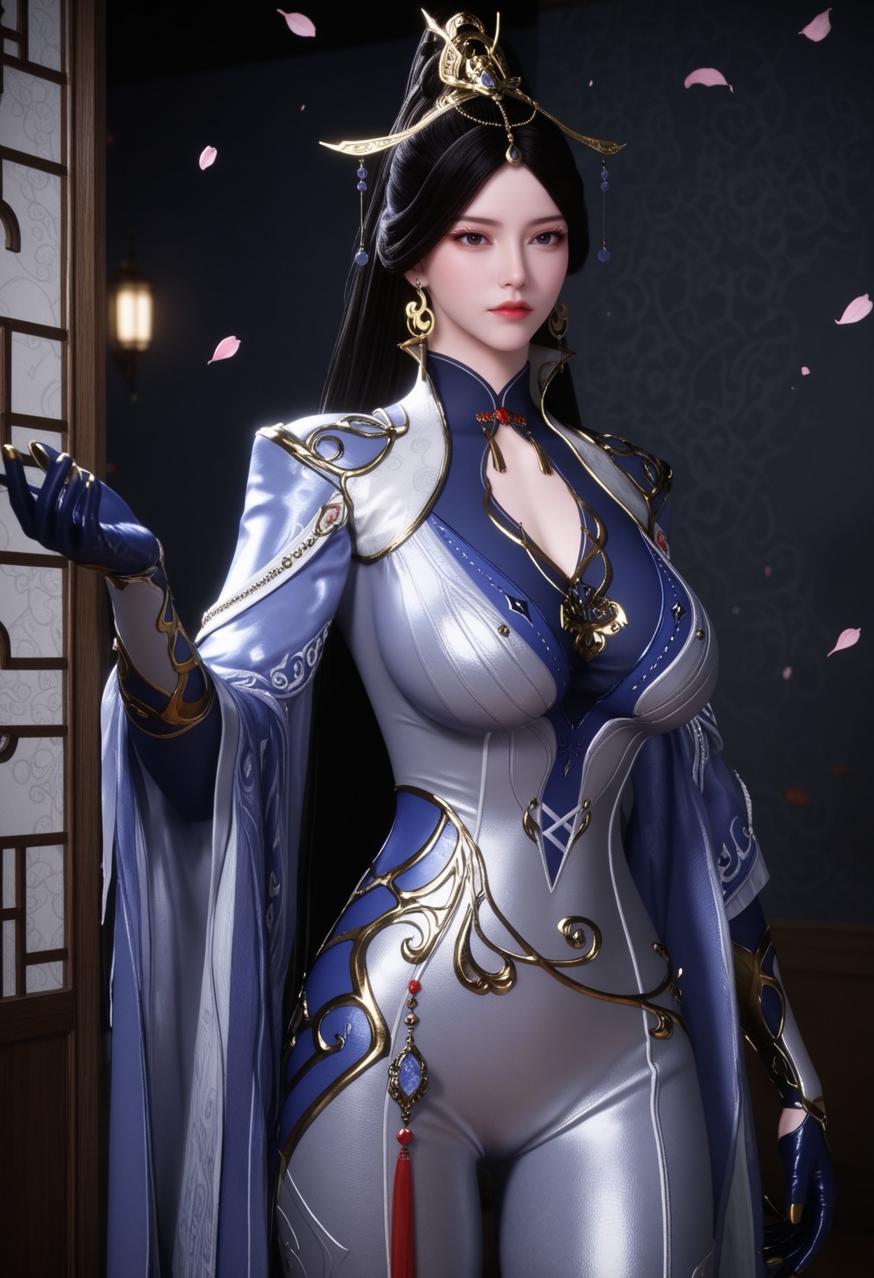 (cowboy shot:1.2),(gigantic breasts:0.6),Perky boobs,(looking at viewer:1.1),facing viewer,direct gaze,(masterpiece:1.1),(best quality:1.2),(intricate details),(smog:1.3),(Dark room:1.3),(dim lighting:1.3),peach blossom,falling petals,<lora:YQ_Illustrious光辉v5_秋清儿_V1:0.8>,1girl,q1528437228,solo,black hair,jewelry,earrings,long hair,hair ornament,ponytail,dress,gloves,chinese clothes,bodysuit,black eyes,cape,high heels,pantyhose,masterpiece,(best quality),(intricate details:0.9) BREAK (intricate details:0.9),(realistic skin:1.2),masterpiece,best quality,newest,absurdres,hiahres,