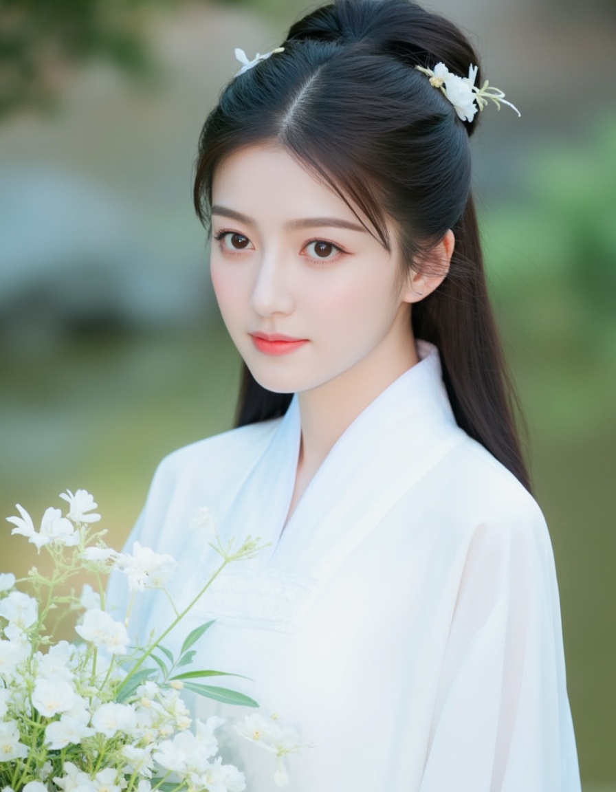 A photograph features a young Asian woman with fair skin and delicate features, wearing traditional white Chinese attire. She has long, dark hair styled in an elegant updo with white floral hairpins. She holds a bouquet of white flowers with green leaves. The background is softly blurred, showcasing a serene, natural setting with hints of greenery and water. The overall composition exudes a tranquil, ethereal atmosphere.