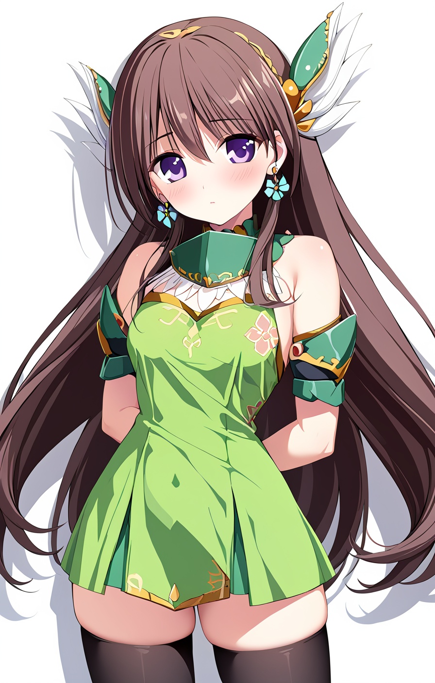 (masterpiece),(best quality),(best illustration),(best shadow),(absurdres),(very aesthetic),(masterpiece),(best quality),(best illustration),(absurdres),(very aesthetic),<lora:dlkw:0.9>,1girl,solo,purple eyes,brown hair,long hair,earrings,jewelry,(white background:1.2),bare shoulders,looking at viewer,hair ornament,<lora:Quan_XL:0.1>,(white background:1.2),(blush:1.1),looking_at_viewer,standing,arms_behind_back,black stockings,<lora:add-detail-xl:1>,cowboy_shot,