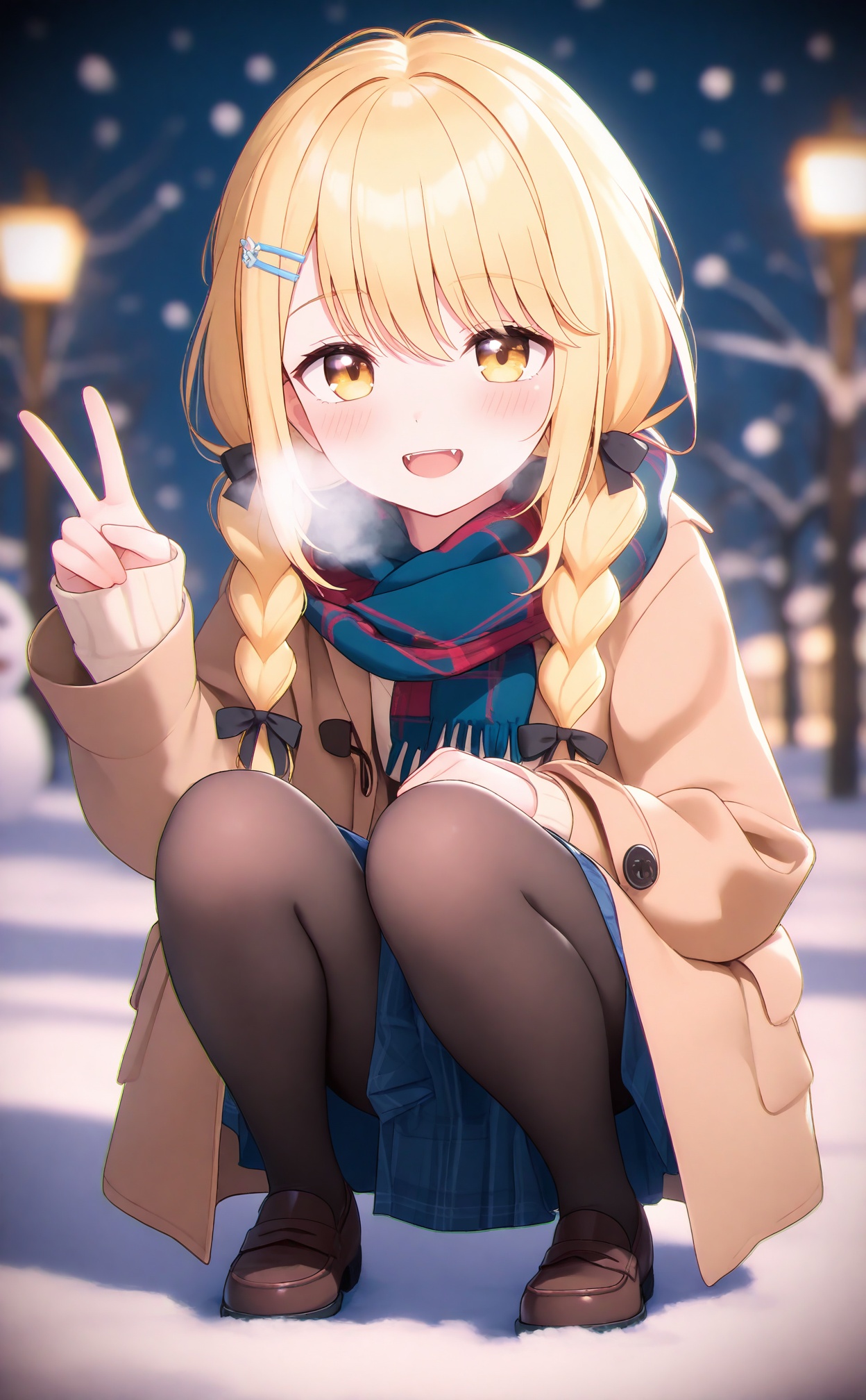 masterpiece,absurdres,best quality,loli,petite,high quality,chromatic_aberration,//,fujita_kotone, 1girl, squatting, pantyhose, blonde_hair, solo, snow, v, yellow_eyes, braid, skirt, snowman, looking_at_viewer, fangs, twin_braids, loafers, black_pantyhose, scarf, brown_coat, shoes, long_hair, smile, blurry, hair_ribbon, long_sleeves, open_mouth, ribbon, outdoors, blurry_background, virtual_youtuber, snowing, brown_footwear, hair_ornament, black_ribbon, blue_skirt, multicolored_scarf, winter, coat, blush, pleated_skirt, plaid, :d, multicolored_clothes, sleeves_past_wrists, breath, depth_of_field, plaid_scarf, full_body, brown_jacket, jacket, hairclip, plaid_skirt, miniskirt, striped_scarf, night, twintails, low_twin_braids//,Depth of field,(colorful),hdr,Tyndall effect,depth of field,Tyndall Effect,blurry,blurry_background,depth_of_field,bokeh,glowing,//,<lora:MMDguangwuran4——【noob】hans:1.15>,
