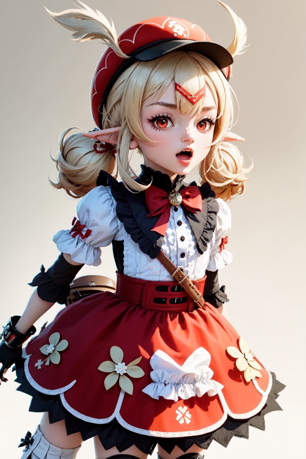 klee_(genshin_impact),1girl,ahoge,low_twintails,open_mouth,solo,looking_at_viewer,alternate_costume,sidelocks,red_headwear,:d,clover_print<lora:klee_(genshin_impact):1>,simple background,white backgroundmasterpiece,best quality, highly detailed, 