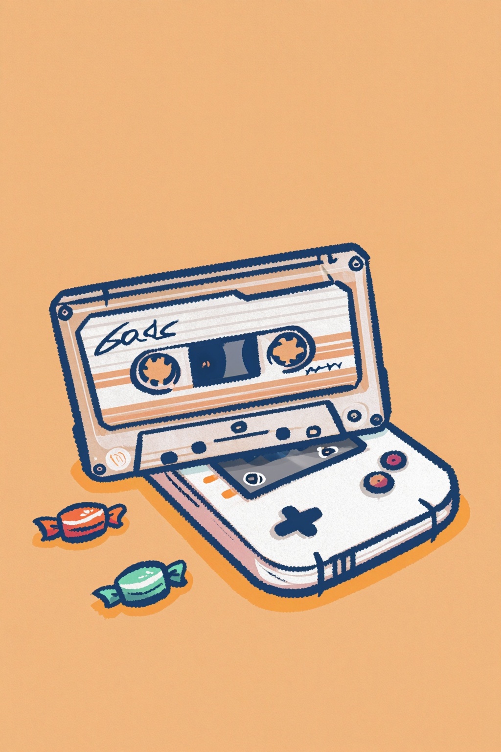 一张静物风格插画,  背景是温暖的橙色,  画面中心是一盘透明的cassette 磁带和一个掌机游戏机 by 小狗宾利 on Tensor.Art