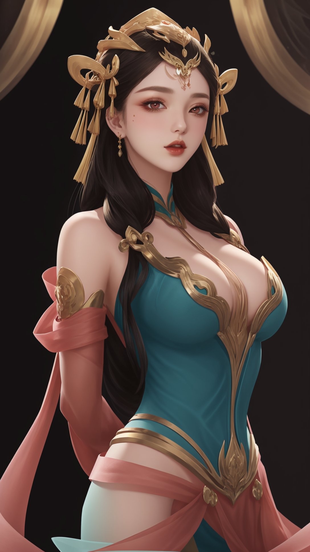 (1girl),smooth chin,masterpiece,detailed face,((hair ornament:1.2)),top quality,4k,make up,best quality,large breasts,(looking at viewer),red ribbon,dress,arms behind back,(wariza),shawl,detached sleeves,chinese building,forehead mark,golden hair ornament,<lora:王者杨玉环原皮_v1.1:0.7>,